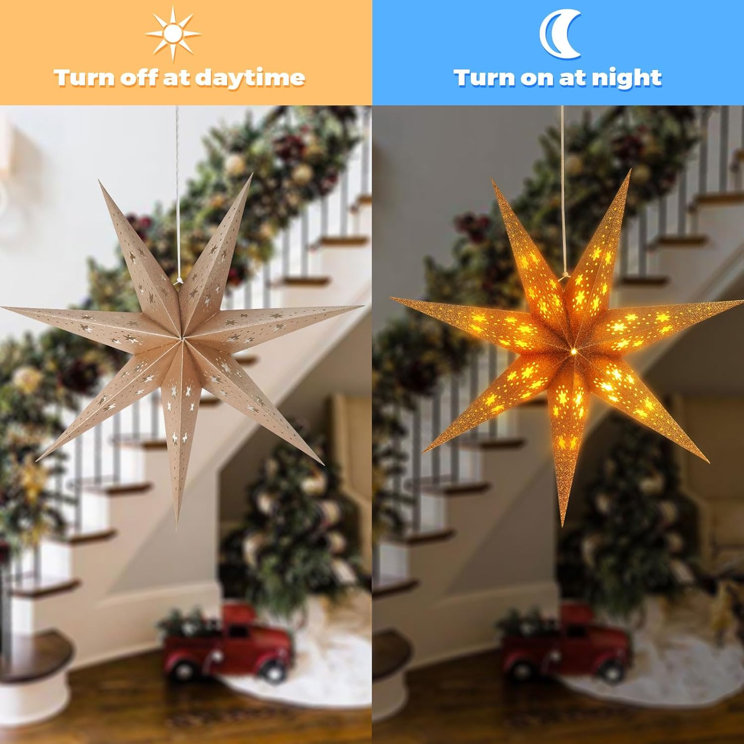 2 Pack 26.8 Inch Paper Star Lantern Christmas Decor with Timer, 3D 8 Modes Moravian Star, 7-Pointed Star Diwali Hanging Lights, Christmas Decorations Lamp Indoor for Birthday Wedding Party (Champagne)