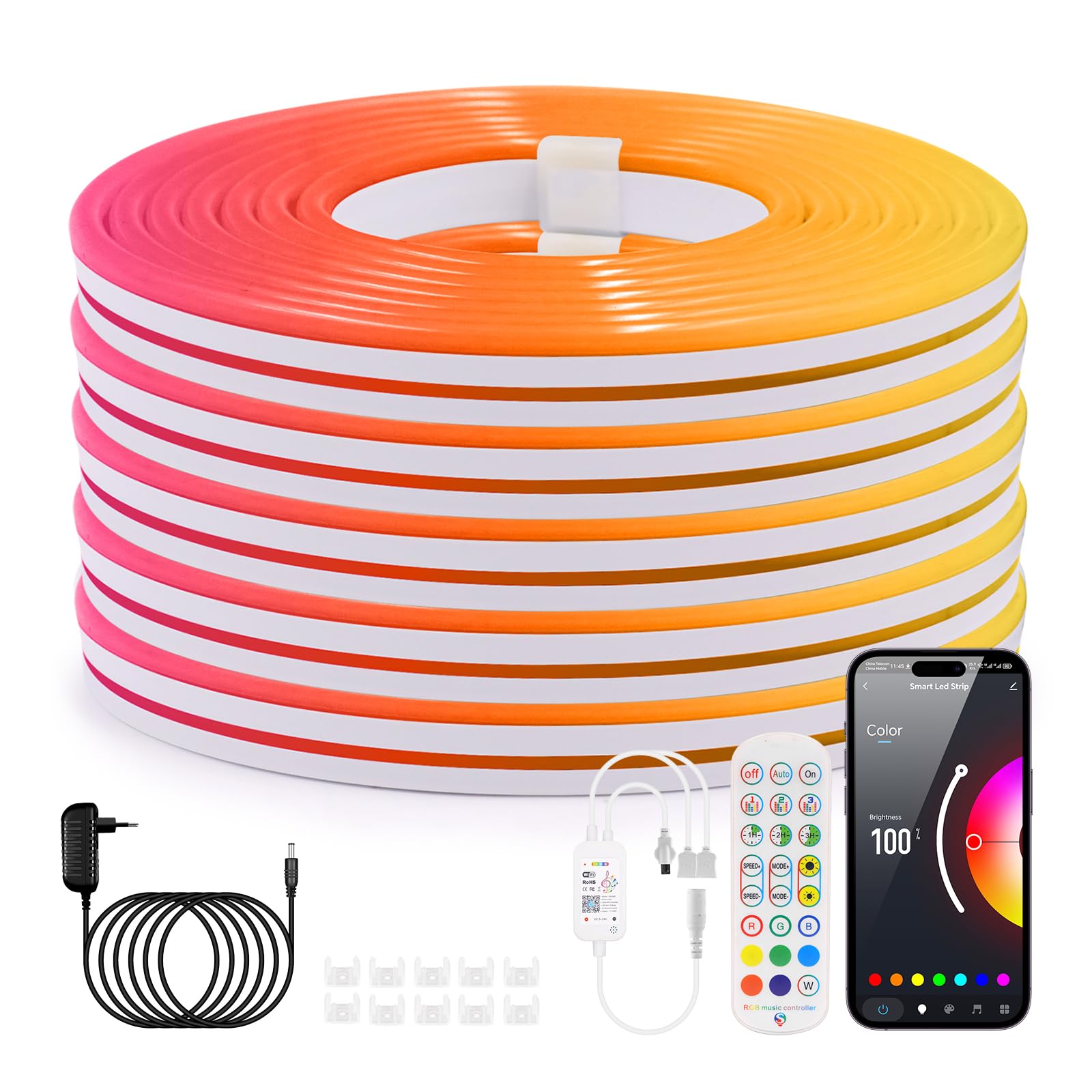 DC24V 40M RGB Neon Strip, 2 Rollen 20 Meter Silikon Flexibler WIFI LED Streifen, Smart Musiksynchronisierung Neon LED Lichtband mit Fernbedienung & Netzteil für Schlafzimmer,Weihnachtsfeier