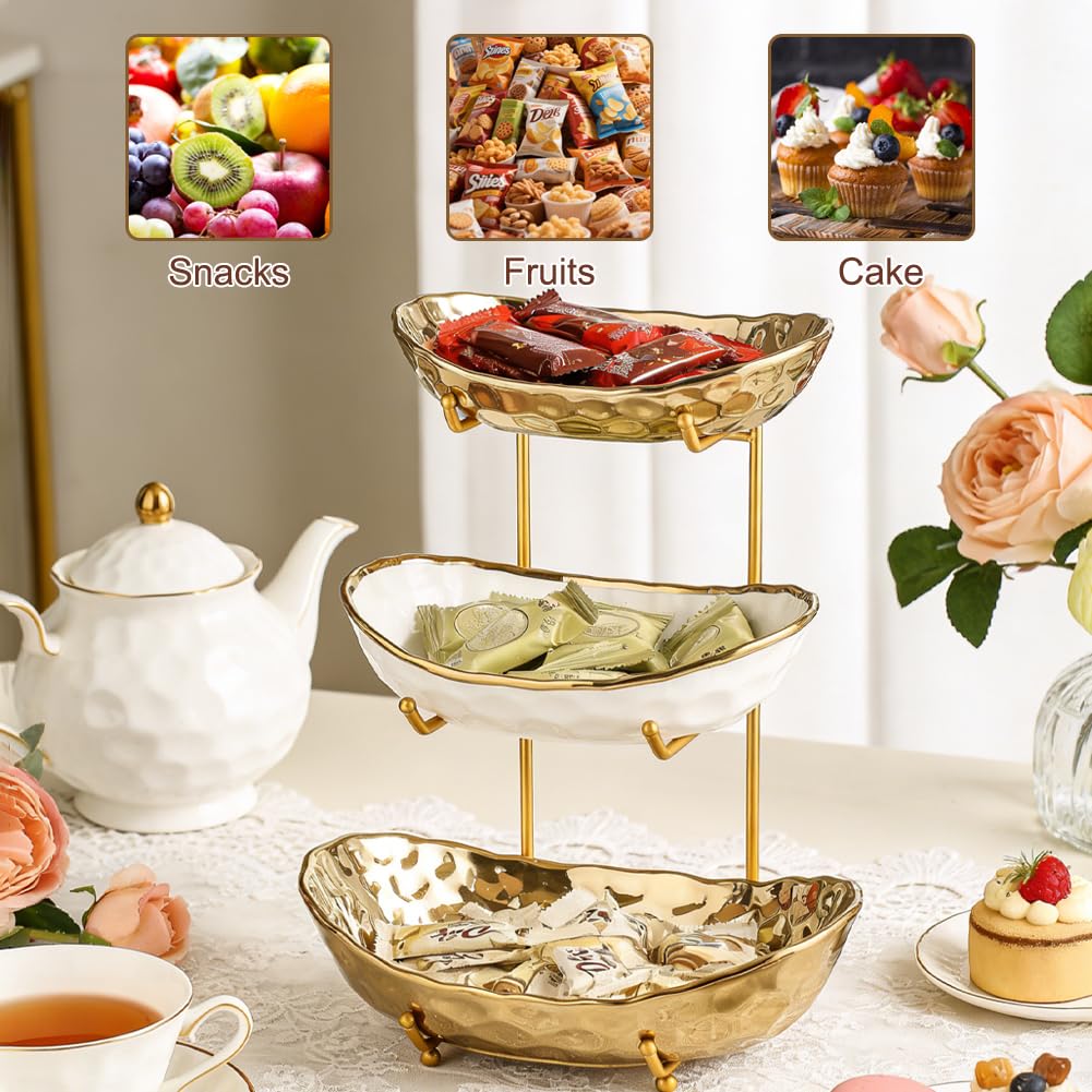 Corbeille à fruits, à 3 couches, en céramique, avec structure en métal, présentoir élégant pour servir des fruits, des légumes et des collations, bol décoratif pour cuisine et salon (trois couches de