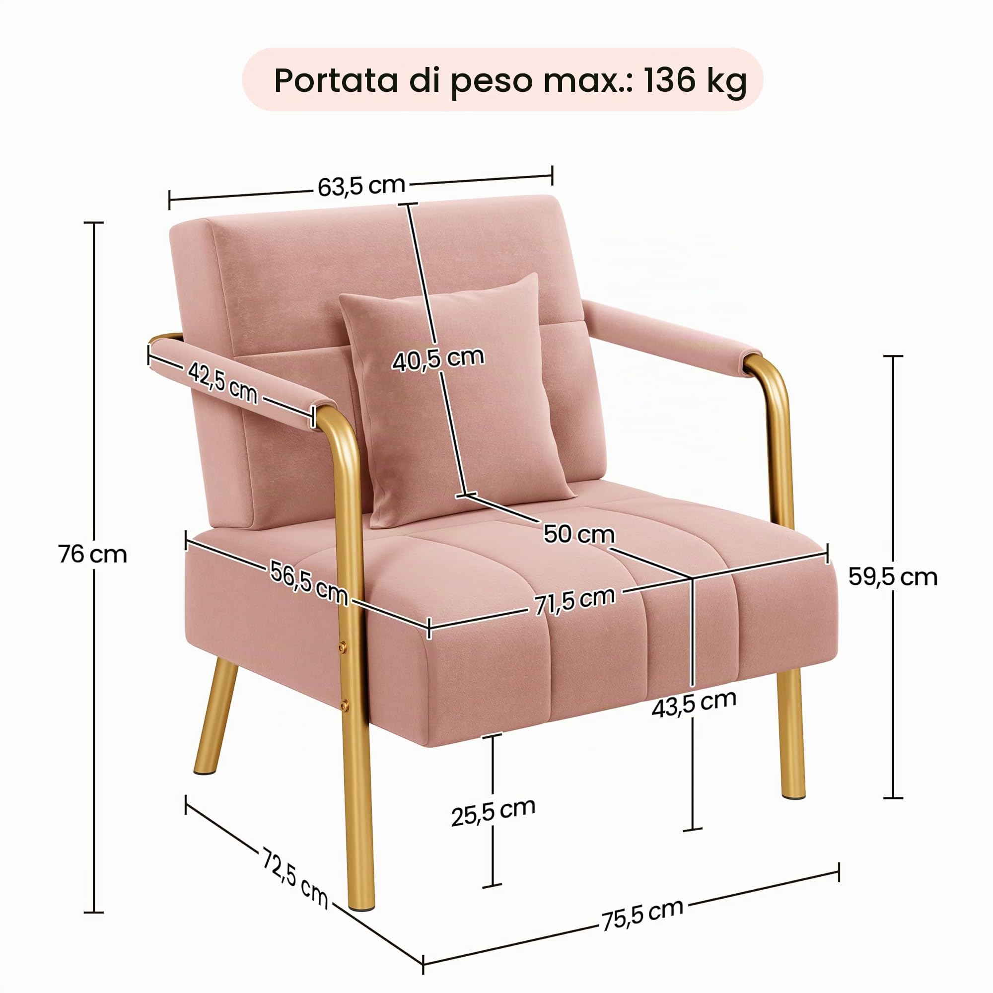 Yaheetech Divano Imbottito con Braccioli Divano Singolo da Salotto 75,5 × 72,5 × 76 cm Sofa Piccolo in Velluto con 2 Cuscini Gambe in Metallo per Soggiorno Sala d'Attesa Ufficio Casa Rosa