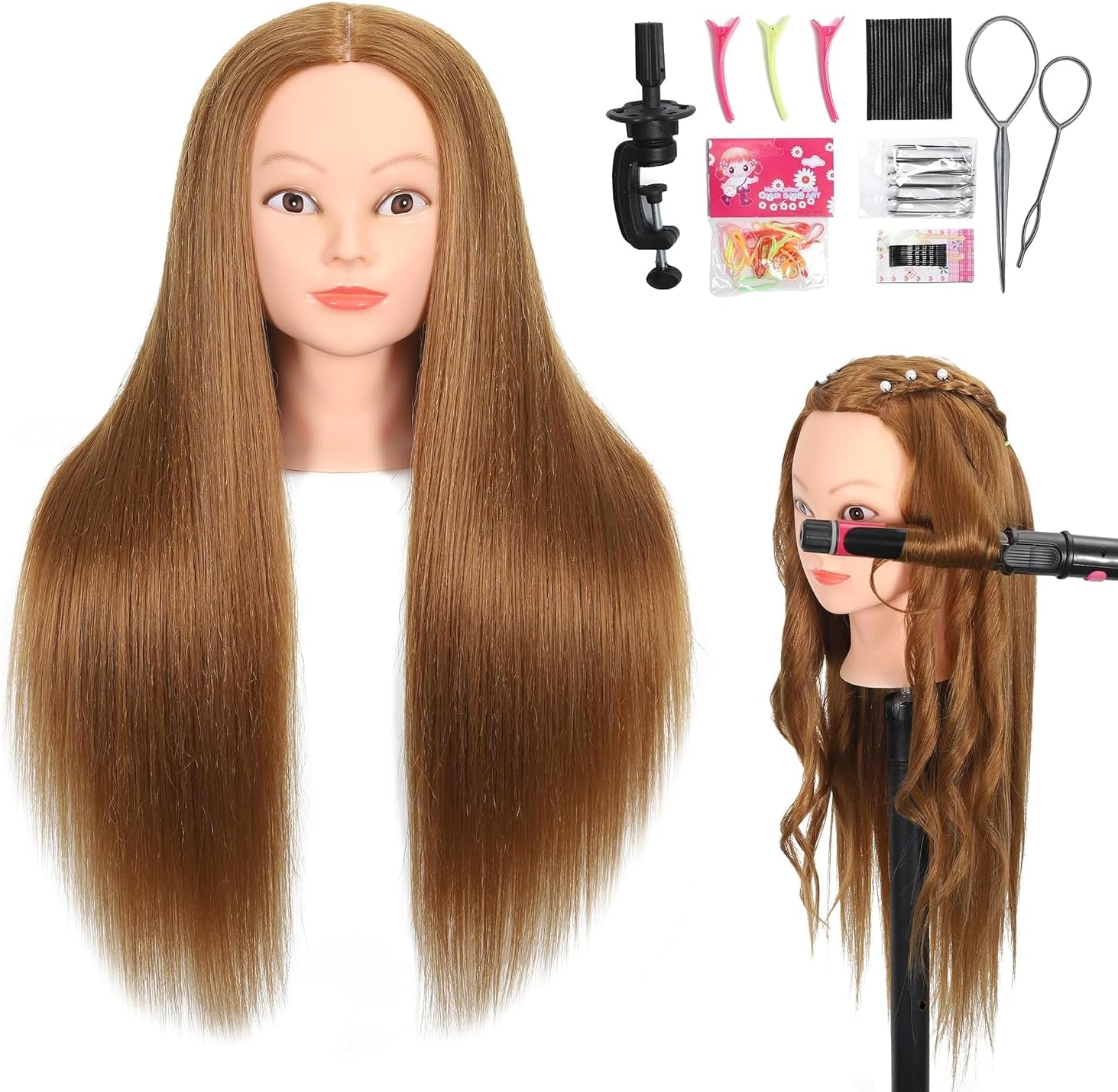Mannequin Head with 80% Real Human Hair 26''-28"Cosmetology Mannequin Doll Head to Practice Hair Styles Hairdresser Practice Braiding Head(27# Light Brown)