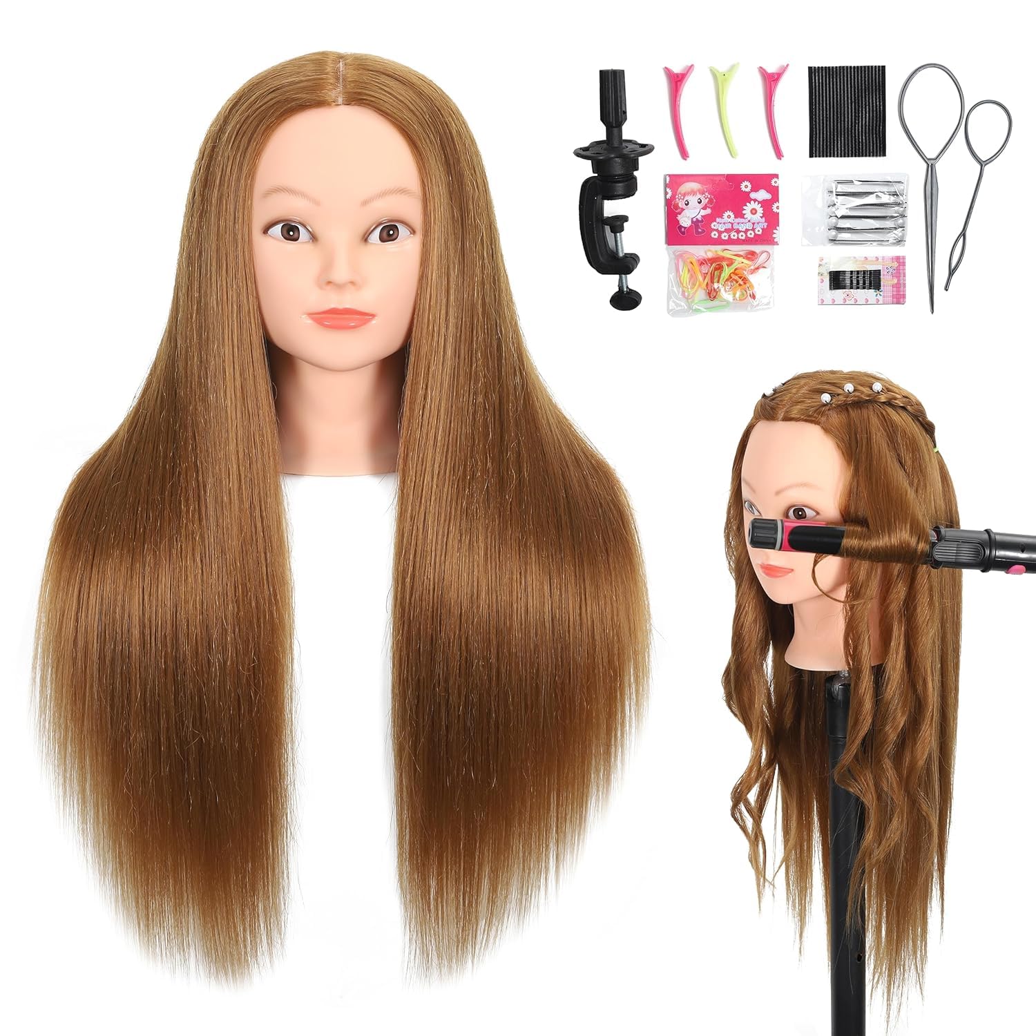ZOMOI Mannequin Head with 80% Real Human Hair 26''-28"Cosmetology Mannequin Doll Head to Practice Hair Styles Hairdresser Practice Braiding Head(27# Light Brown)
