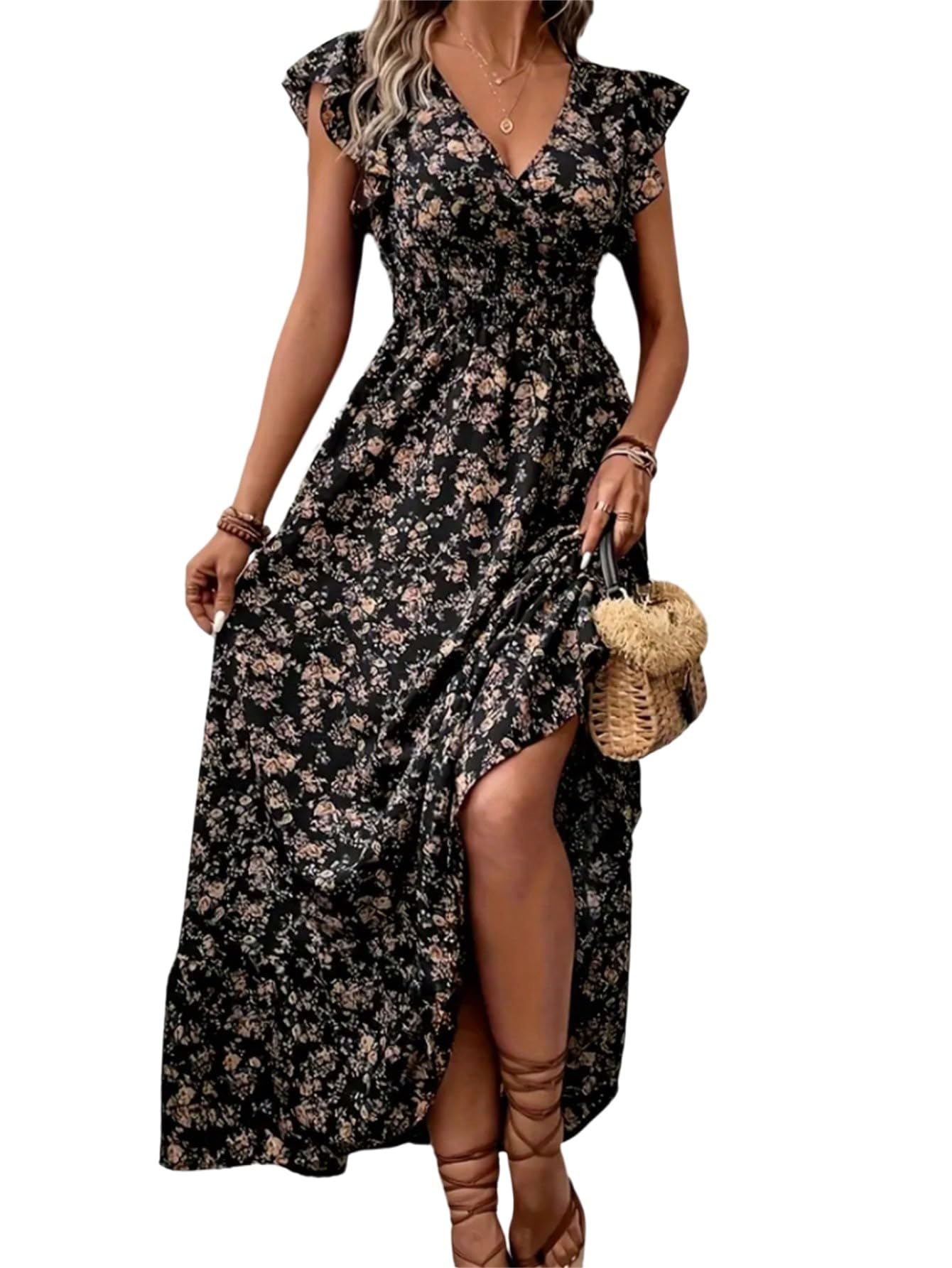 SweatyRocks Damska letnia sukienka Curvy sukienka maxi, linia A, sukienka na urlop, dekolt w serek, sukienka na czas wolny, sukienka boho z falbankami