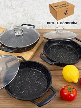 6l  Granit Tava Seti, Cam Kapakl , D k m, Siyah, 18-20-22 cm