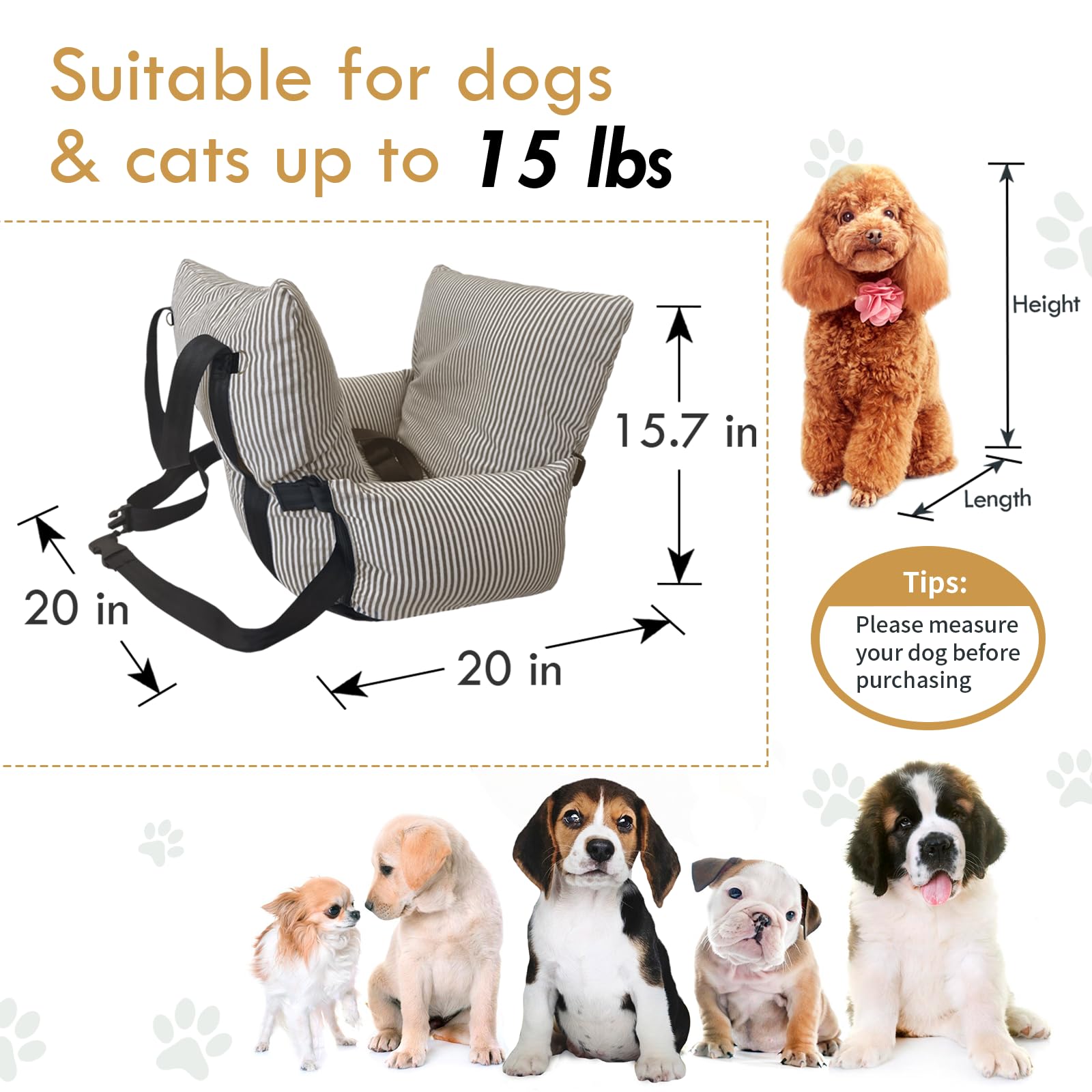 Asiento de coche para perros pequeños y medianos – Asiento elevado para mascotas con cinturón de seguridad, base antideslizante y bolsillos de almacenamiento para viajes en coche, 52 x 52 cm