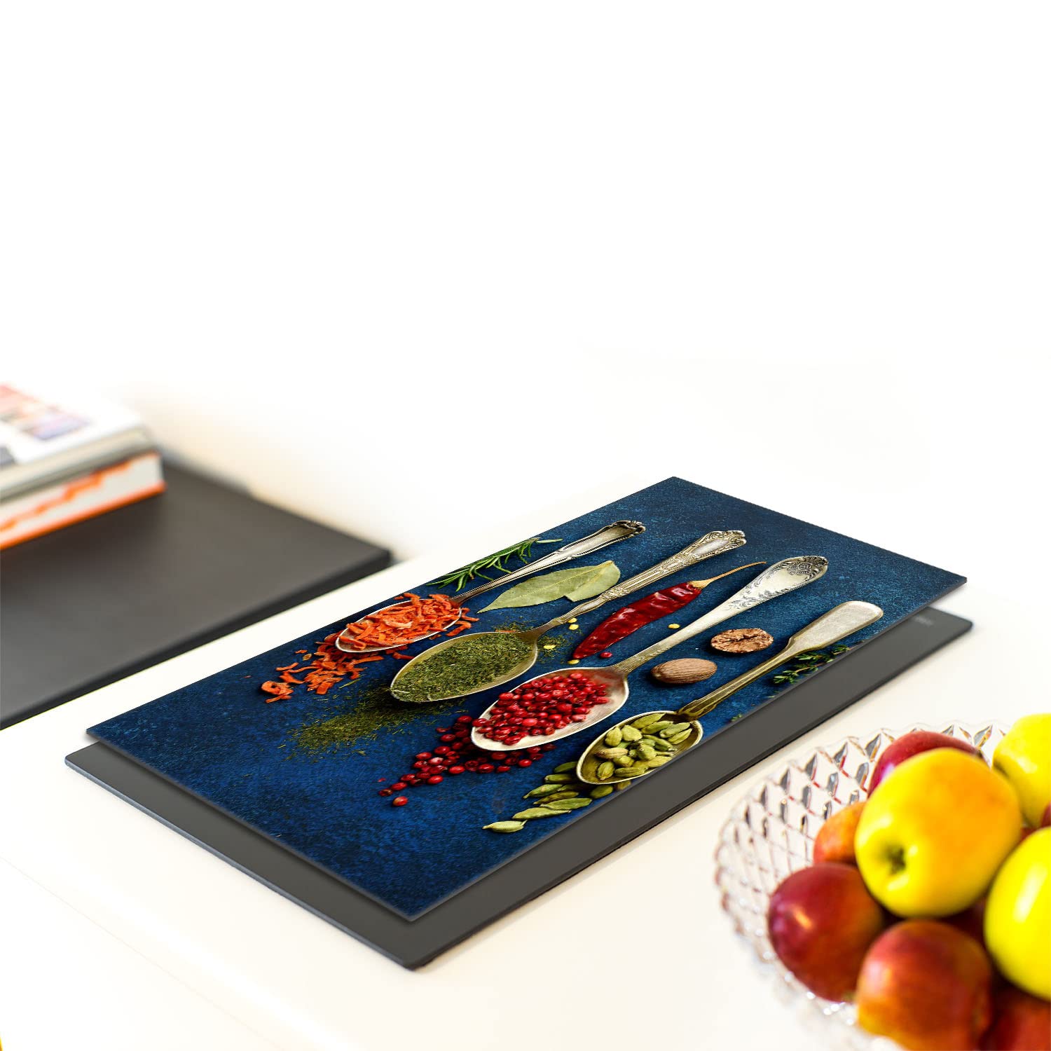 Plaque de recouvrement, 30 x 52 cm, en verre, pour cuisinières électrique, à induction, convient comme décoration, protection anti-éclaboussures ou planche à découper, Ardoise Épices