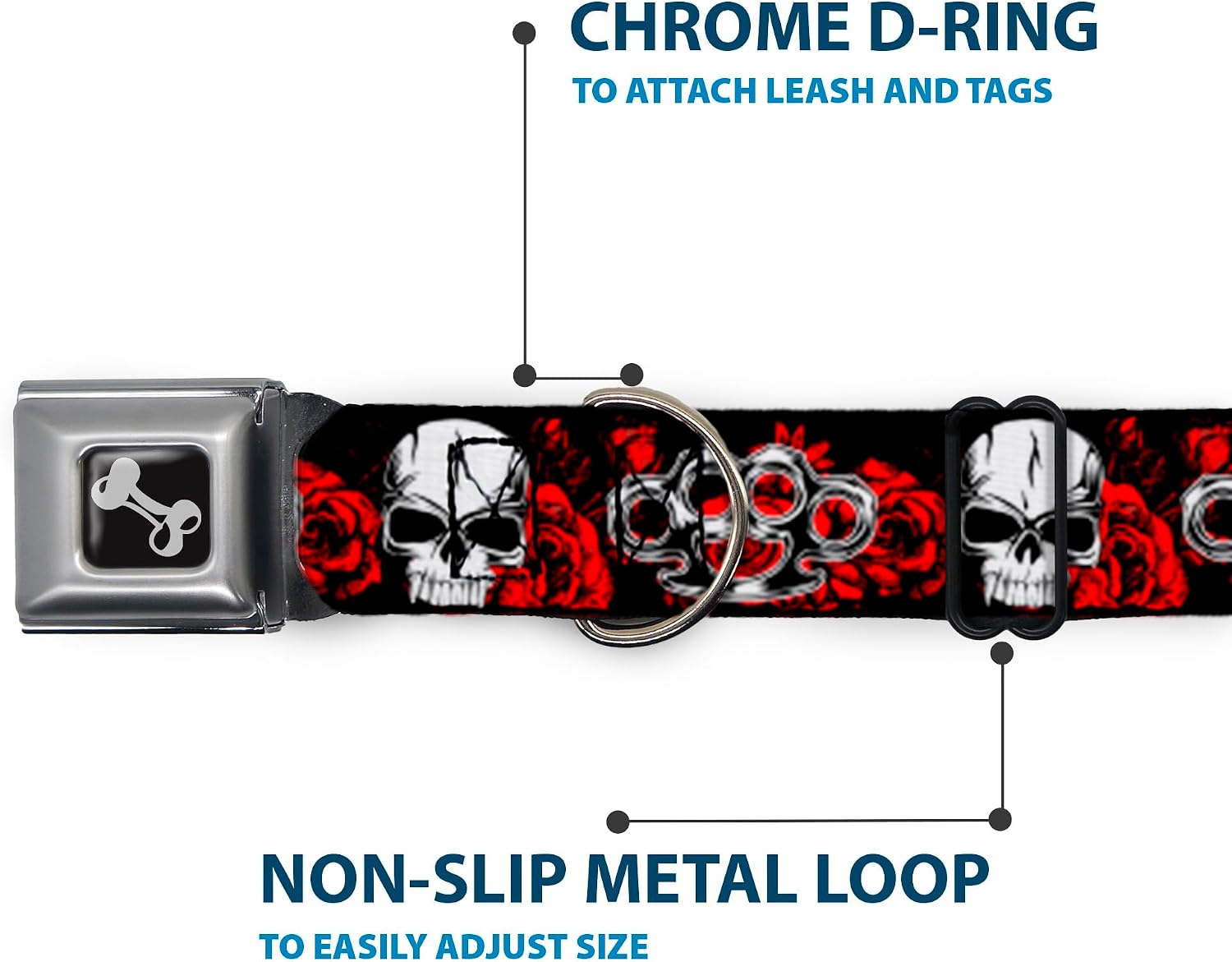 Buckle-Down Easy Adjustable Metal Seatbelt Buckle Quick Release Dog Collar, Brass Knuckles Skulls, 11 to 16.5 Inches 1.0 Inch Wide-Medium