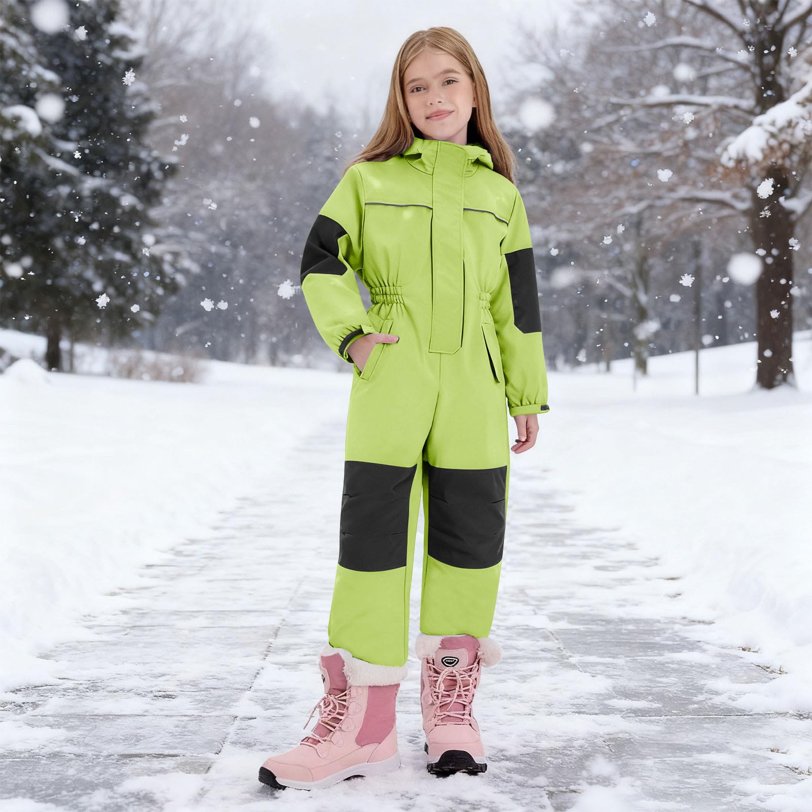 Tuta da neve per ragazzi e ragazze, impermeabile, invernale, giacca antivento foderata in pile per bambini, imbottita, a blocchi di colore, con cerniera centrale, polsini per mani e piedi