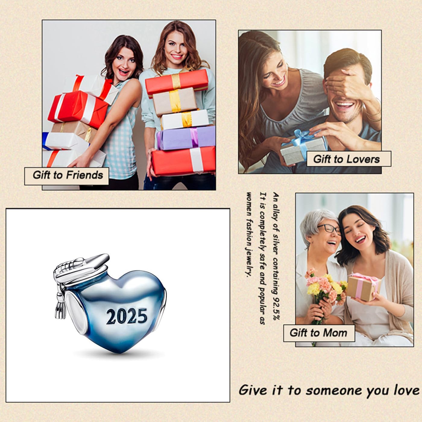 2025 Graduation Blue Pink Heart Charm Graduation Anniversary Book Charms for Women Bracelets and Necklaces in 925 Sterling Silver with Cubic Zirconia,Jewelry Beads Women - Image 2