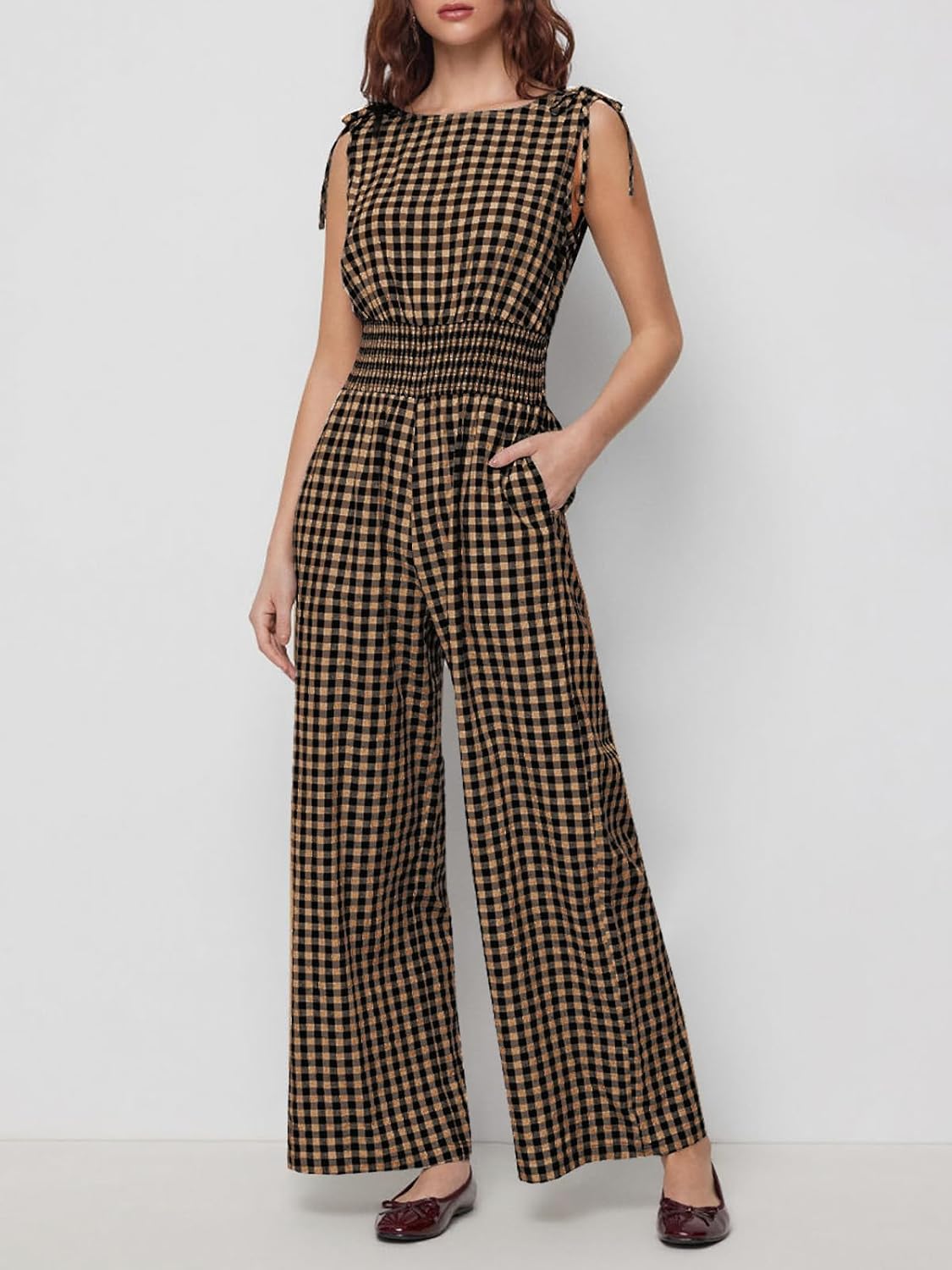 Women's Gingham Sleeveless Jumpsuit Smocked Waist Wide Leg Culotte Romper Tie Shoulder Summer One Piece Outfit