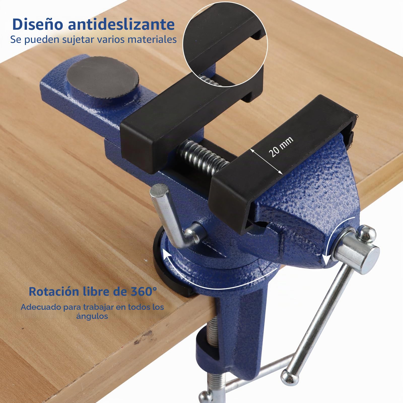 Tornillo de Banco de Trabajo 70 mm, Mordaza Giratoria 360°, Prensa Pequeña de Acero Fundido para Mesa, Bricolaje, Lijado, Taladrado y Sujeción Manual en Taller Doméstico