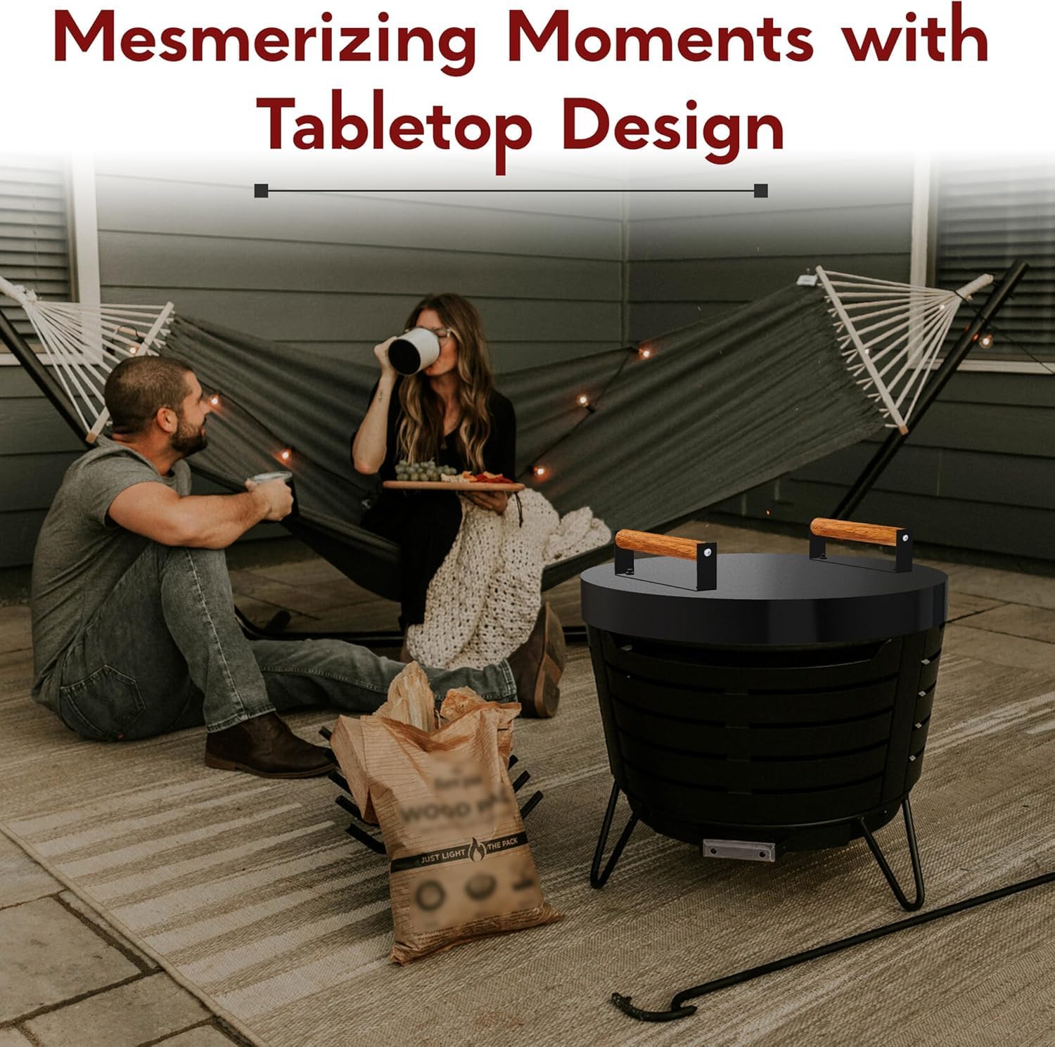 FEBTECH Fire Pit Solid Cover Compatible with Fire Pit Inside Up to 23" - Carbon Steel Tabletop FirePit Lid with 2 Heat Resistant Wooden Handles - FirePit Accessories Ideal for Family Gatherings