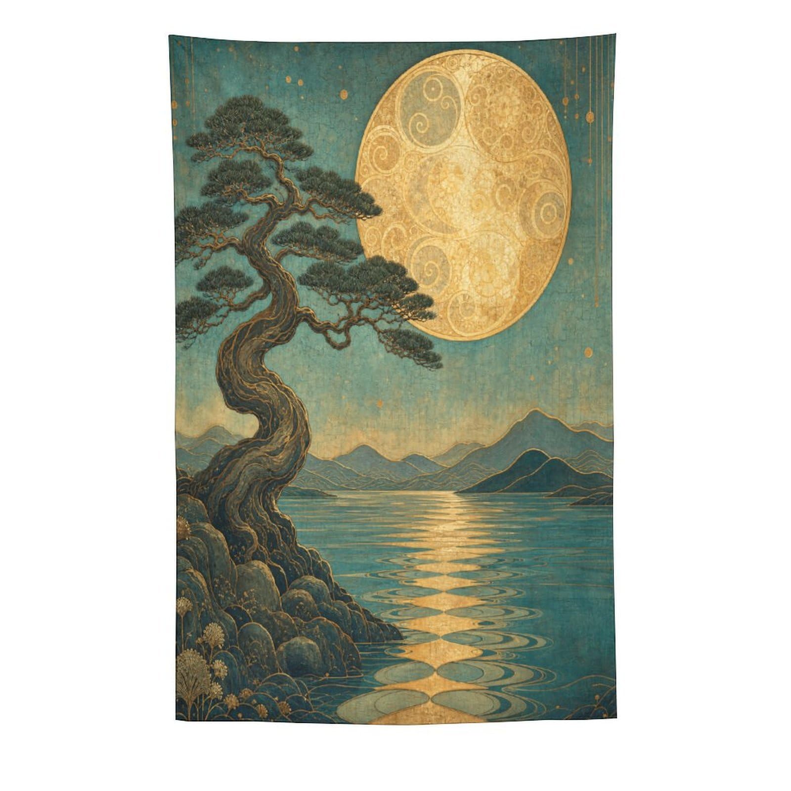 H3B8U2Y5 Pine Tree under Full Moon Wall Tapestry, Ukiyo-e, Reading Corner
