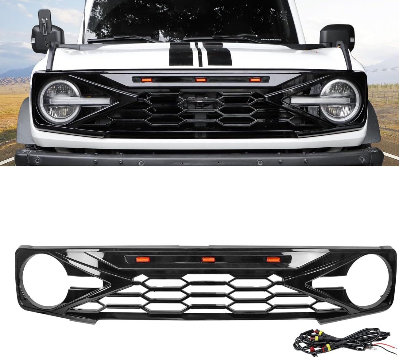 Front Grille with 3 Amber LED Lights, Mesh Grill Front Bumper Grille Replacement Accessories for Ford Bronco Offroad 2/4 Door 2021 2022 2023 2024,Gloss Black