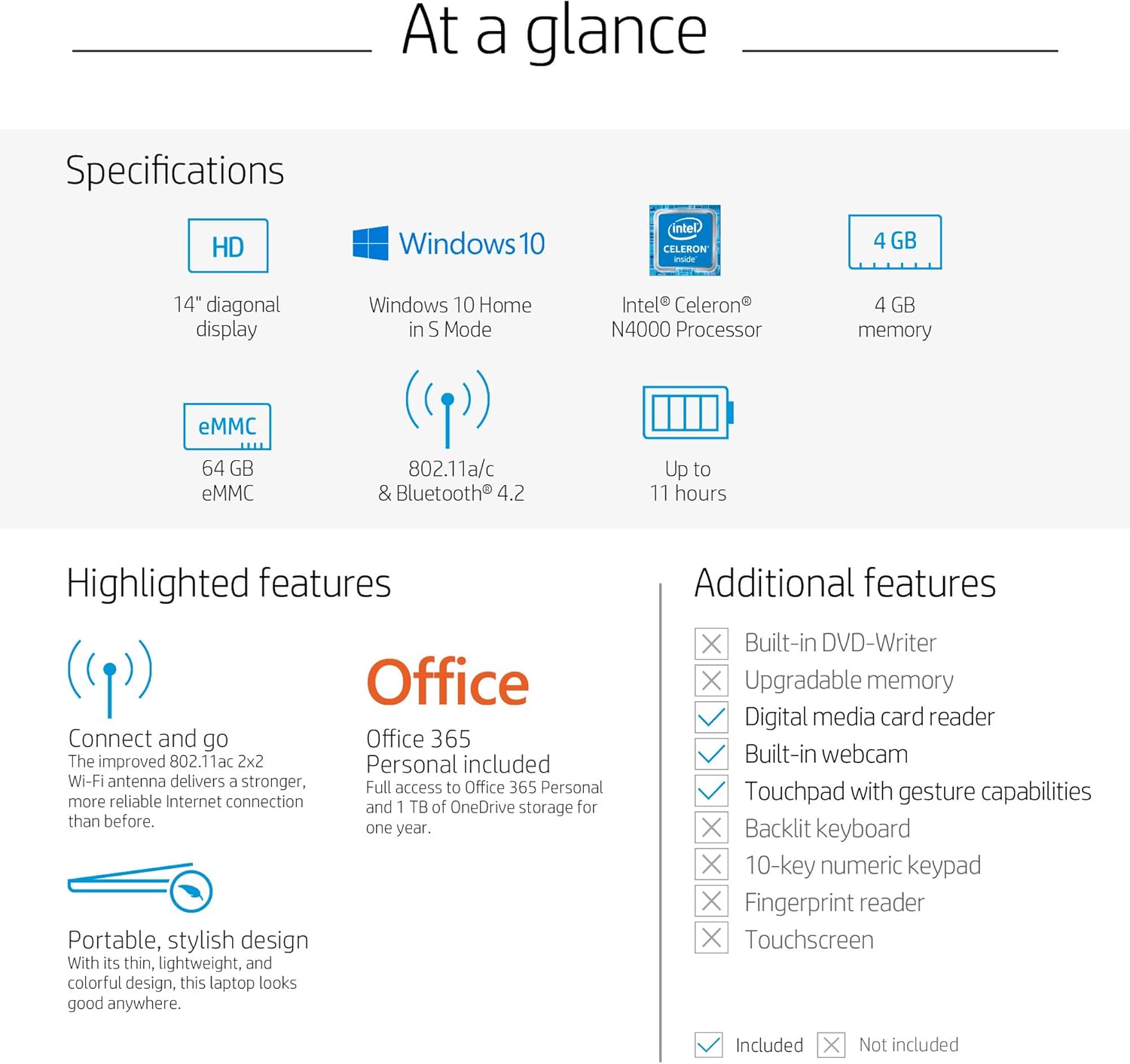 HP Stream 14" HD Laptop PC, Intel Celeron N4000, 4 GB RAM, 64 GB eMMC, Windows 10 S, Blue