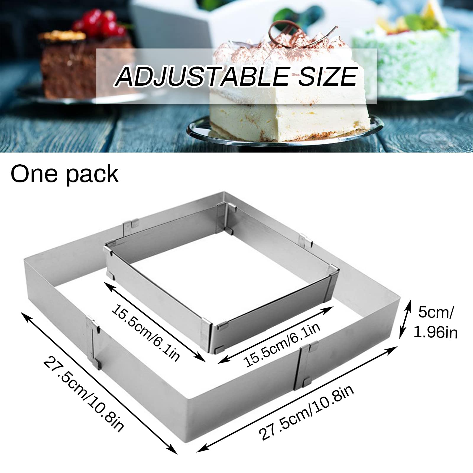 Cadre à Pâtisserie Rectangulaire Réglable 8cm Haut - Acier Inoxydable 20-35cm X 29,5-50cm