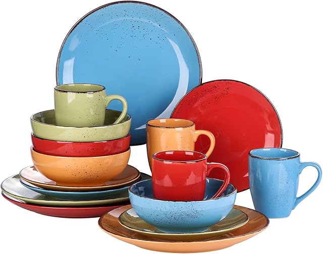 vancasso Navia Tropical Dinner Set, Stoneware Vintage Look Multicolored Dinnerware Tableware, 16 Pieces Dinner Service Set for 4, Include Dinner Plate, Dessert Plate, Cereal Bowl and Mug