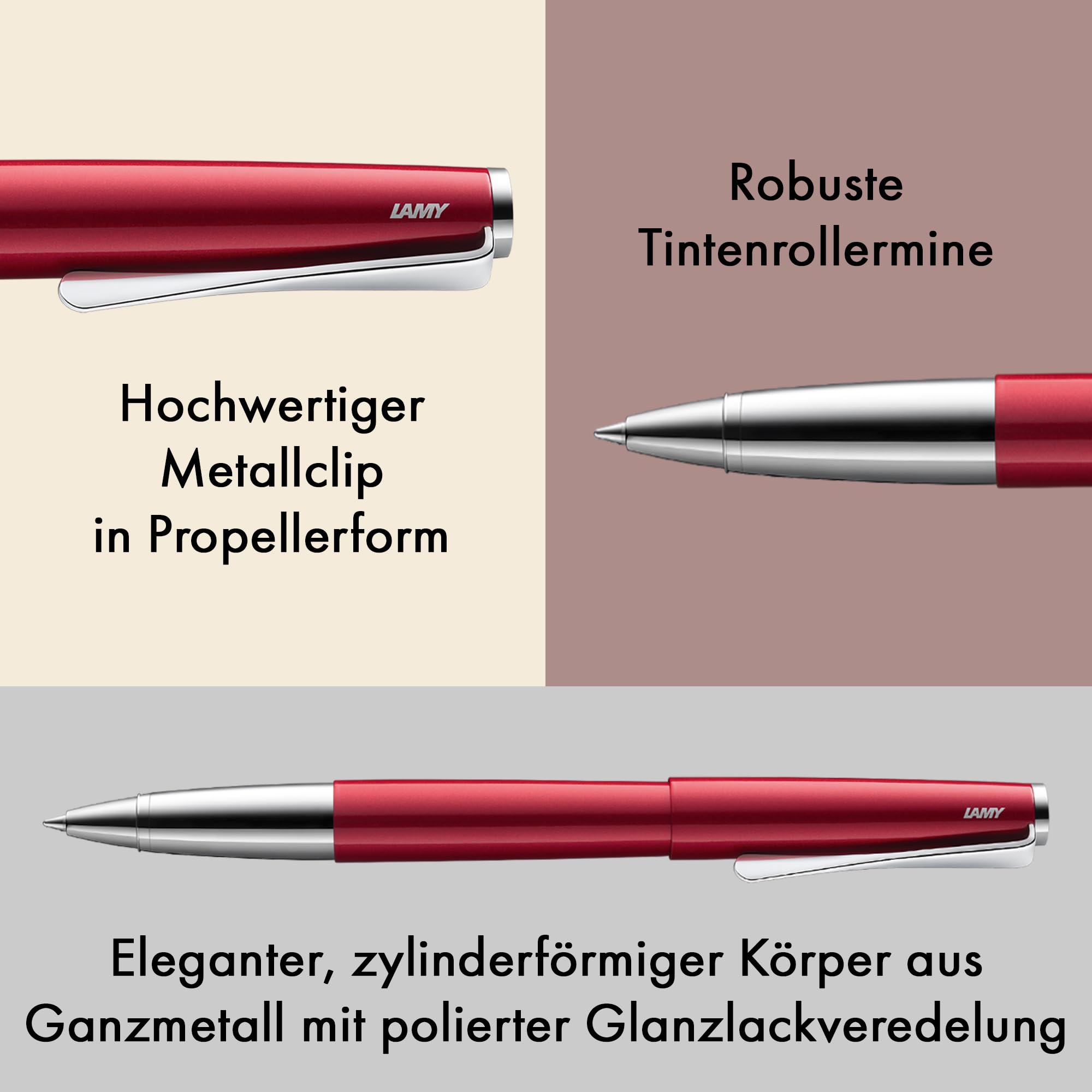 Lamy studio pianored Tintenroller in Strichbreite M | Lamy Tintenroller in elegantem Gehäuse aus Ganzmetall – mit propellerförmigem Clip – mit Tintenrollermine M 63 in schwarz