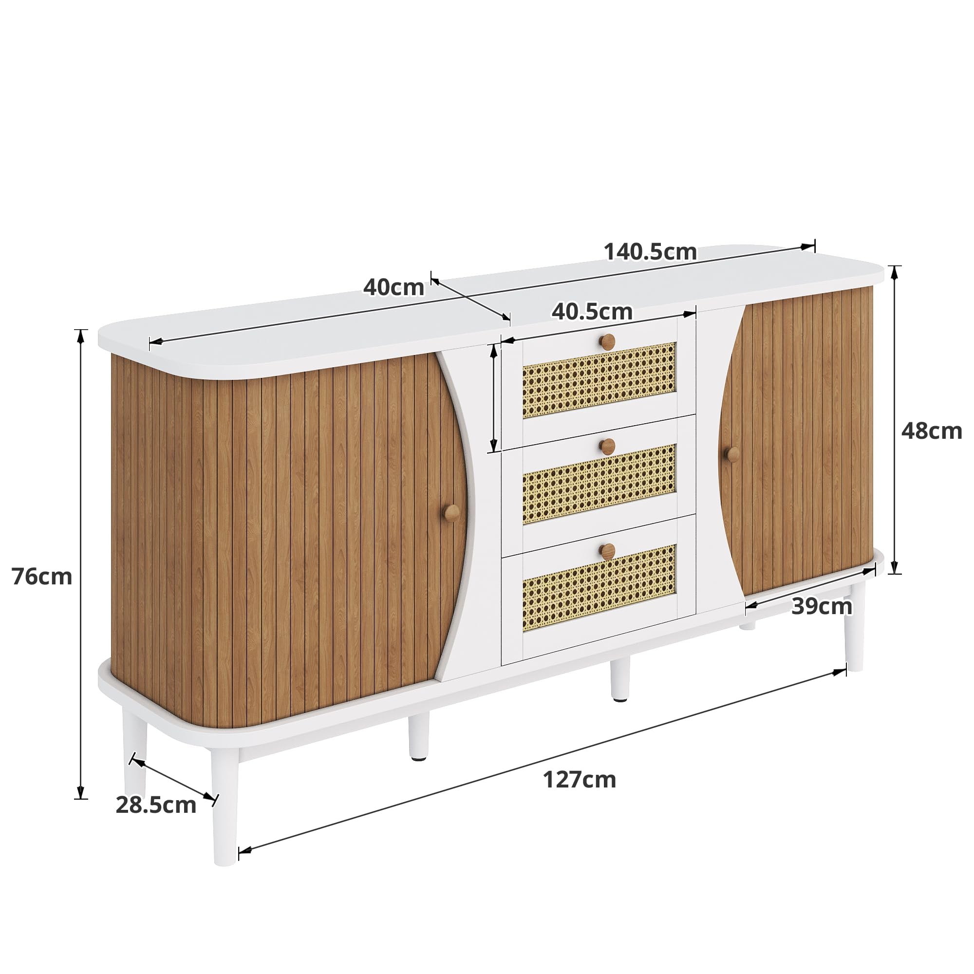Cassettiera in rattan bianco, stile boho, 140,5 cm, con cassetti in rattan, design arrotondato, per soggiorno, sala da pranzo, corridoio