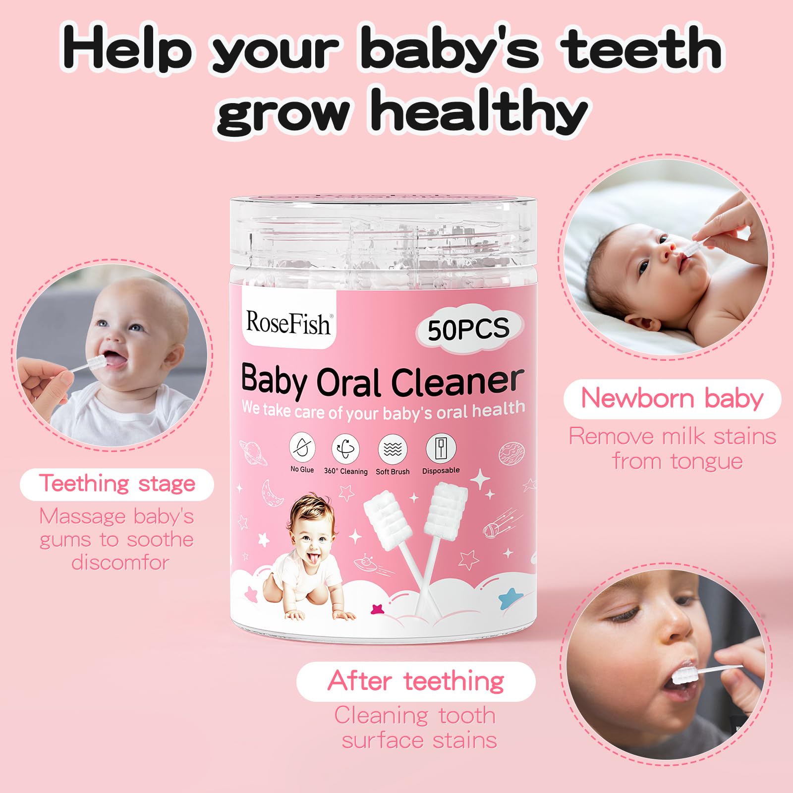 RoseFish 50Pcs Baby Tongue Cleaner for 0-36 Month No Glue Disposable Baby Mouth Oral Cleaner Infant Toothbrush Baby Gum Cleaner 3D Soft Infant Tongue Cleaner+1PCS Finger Toothbrush