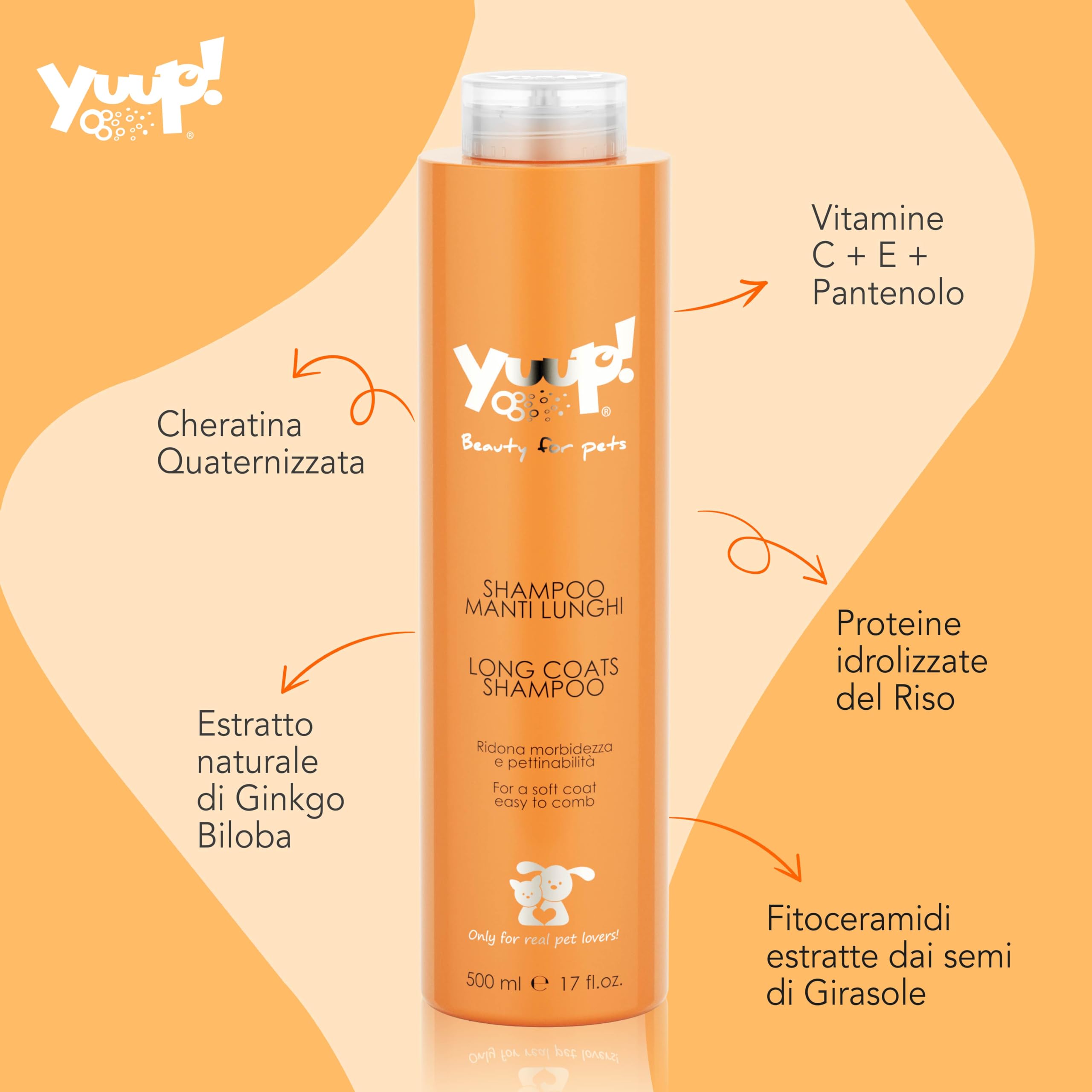 YUUP! - Shampoo per Cani e Gatti Manti Lunghi, 500 ml, specifico per i peli lunghi e che si annodano, ristruttura e rinforza