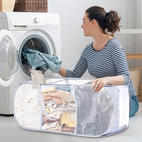 Miniatura 9 de Cestas de lavandería plegables duraderas, cesta plegable para la lavandería, cesta resistente de 3 compartimentos, bolsillo práctico y cestas de