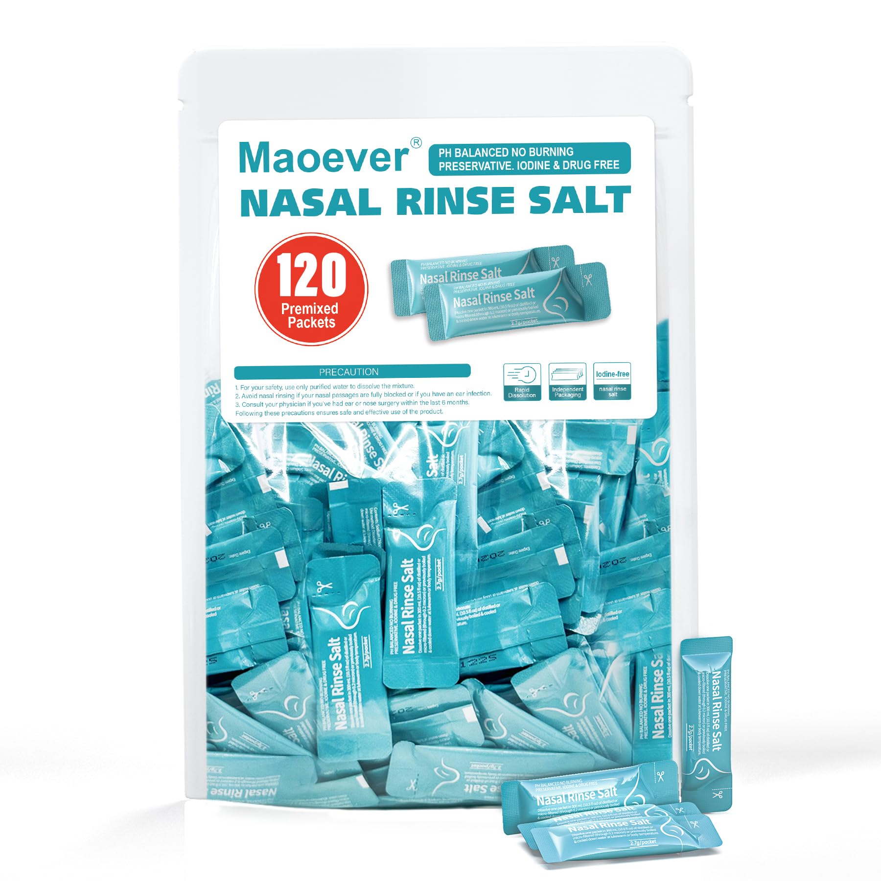 MAOEVER 120 Saline Packets Neti Pot Salt Packets Individually Wrapped Saline Packets for Neti Pots Nasal Irrigation and