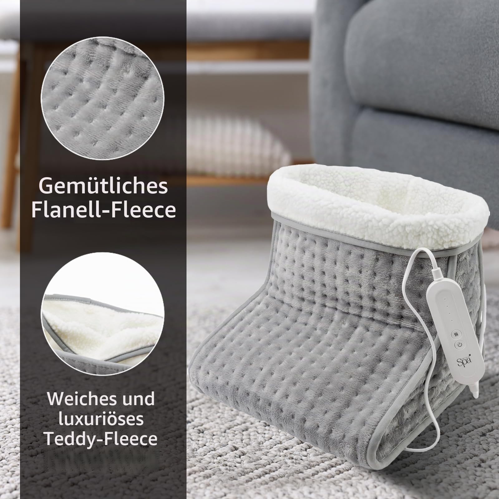 Sensio Spa Fußwärmer, warm und gemütlich, grau, elektrische Fußheizung für kalte Füße, 4 Temperatureinstellungen, weiches Plüsch-Fleece, schnelles Aufheizen, waschbar, Schutz vor