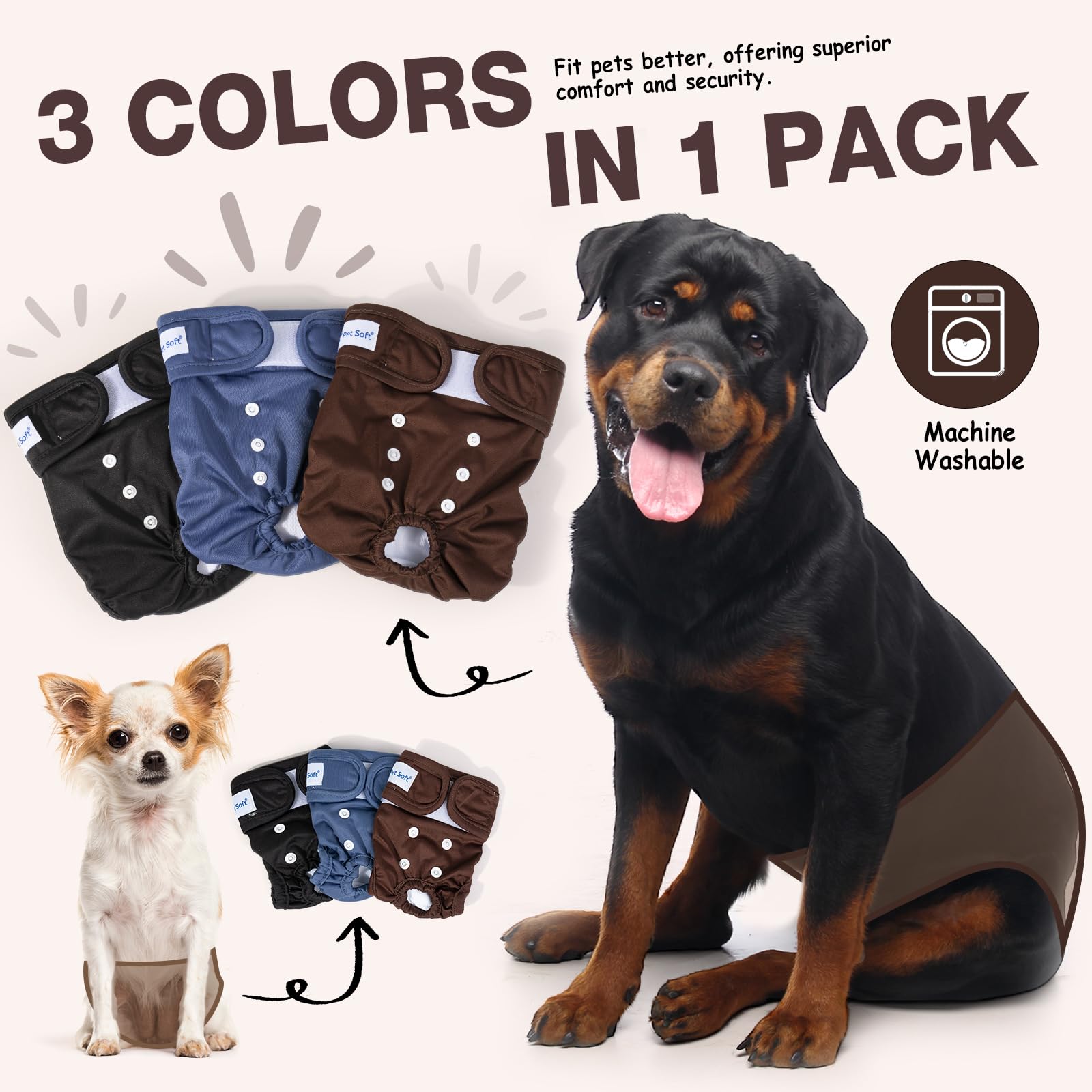 Pet Soft Dog Nappies Female, 3 Pack Dog Period Pants Small with Leak-proof Waistband - Image 2