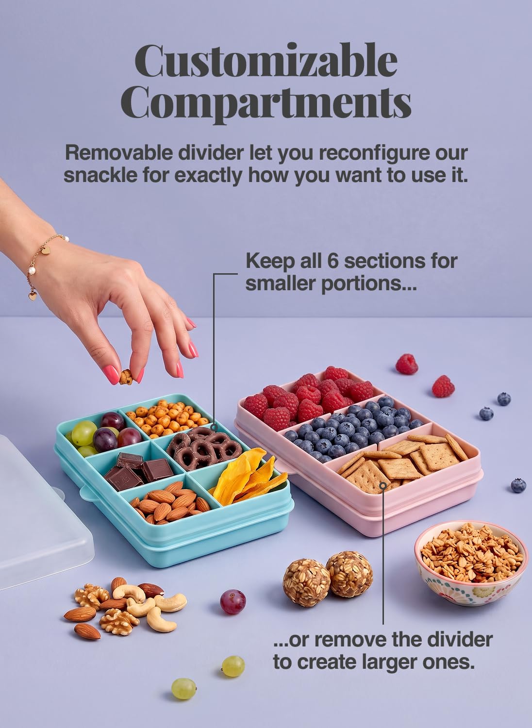 melii Mini Snackbox - 6 Fächer, unterteilter Snackbehälter, Lebensmittelaufbewahrung für Kinder und Erwachsene, herausnehmbare Trennwände, Kunst & Handwerk, Perlen, BPA-frei, Blau