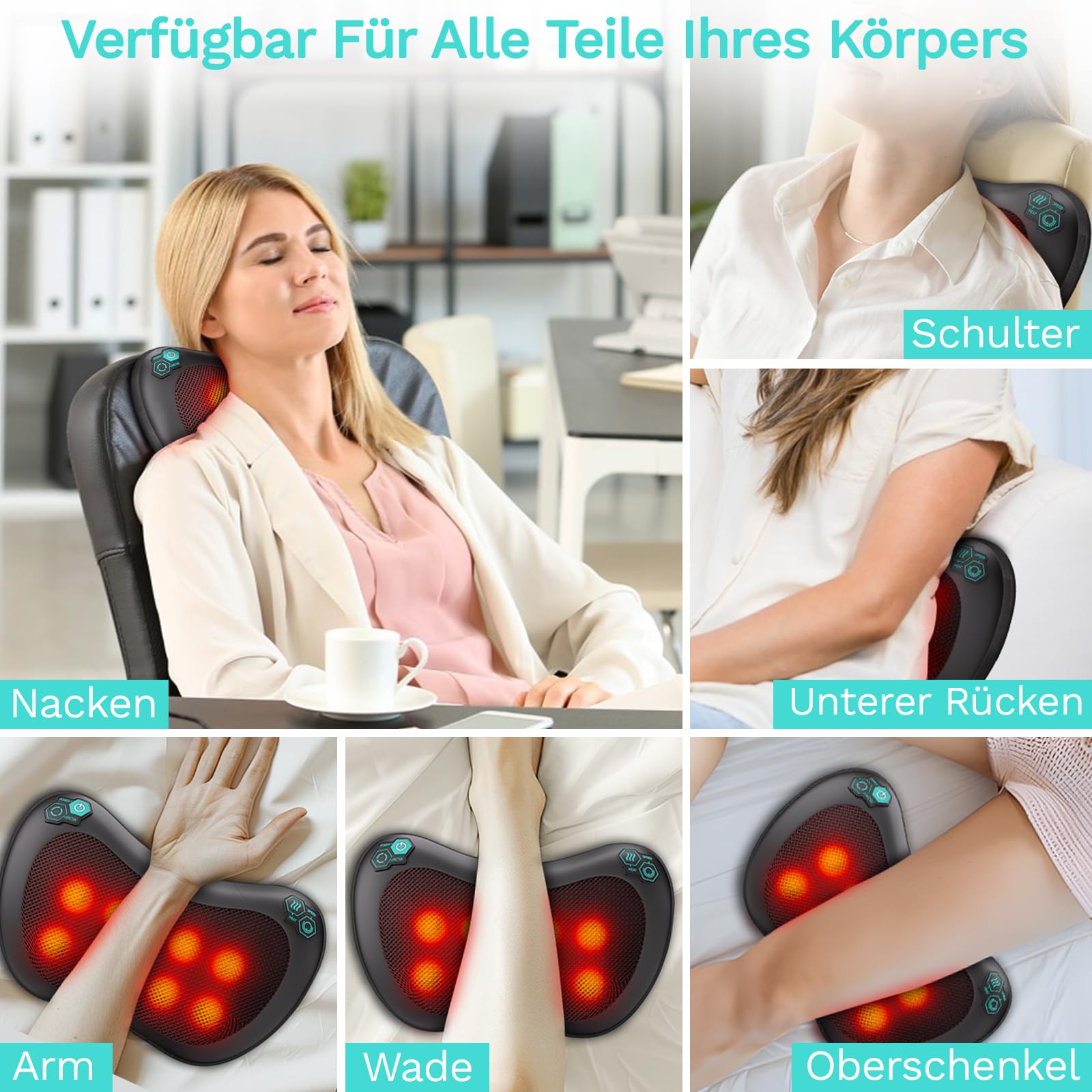 TAKRINK Shiatsu Massagekissen Nackenmassagegerät Rückenmassagegerät mit 8 Knoten und 3 Speed Tiefengewebsknetung Leise Massagegerät für Nacken Schulter rücken mit 1,8 m Autokabel für Männer, Frauen