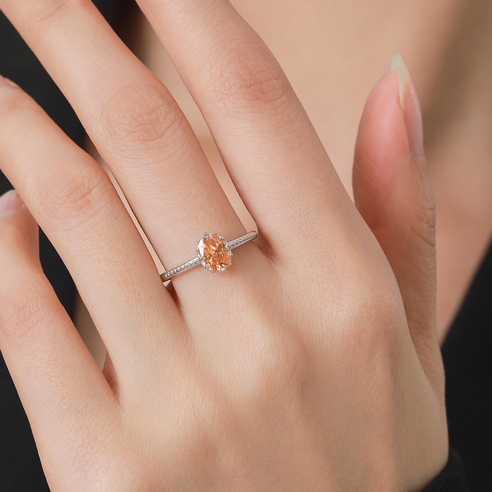 Anillo de oro blanco de 9 quilates para mujer, anillo de compromiso para mujer, 7 x 5 mm, zafiro de laboratorio, champán, 1 ct, sin piedras preciosas