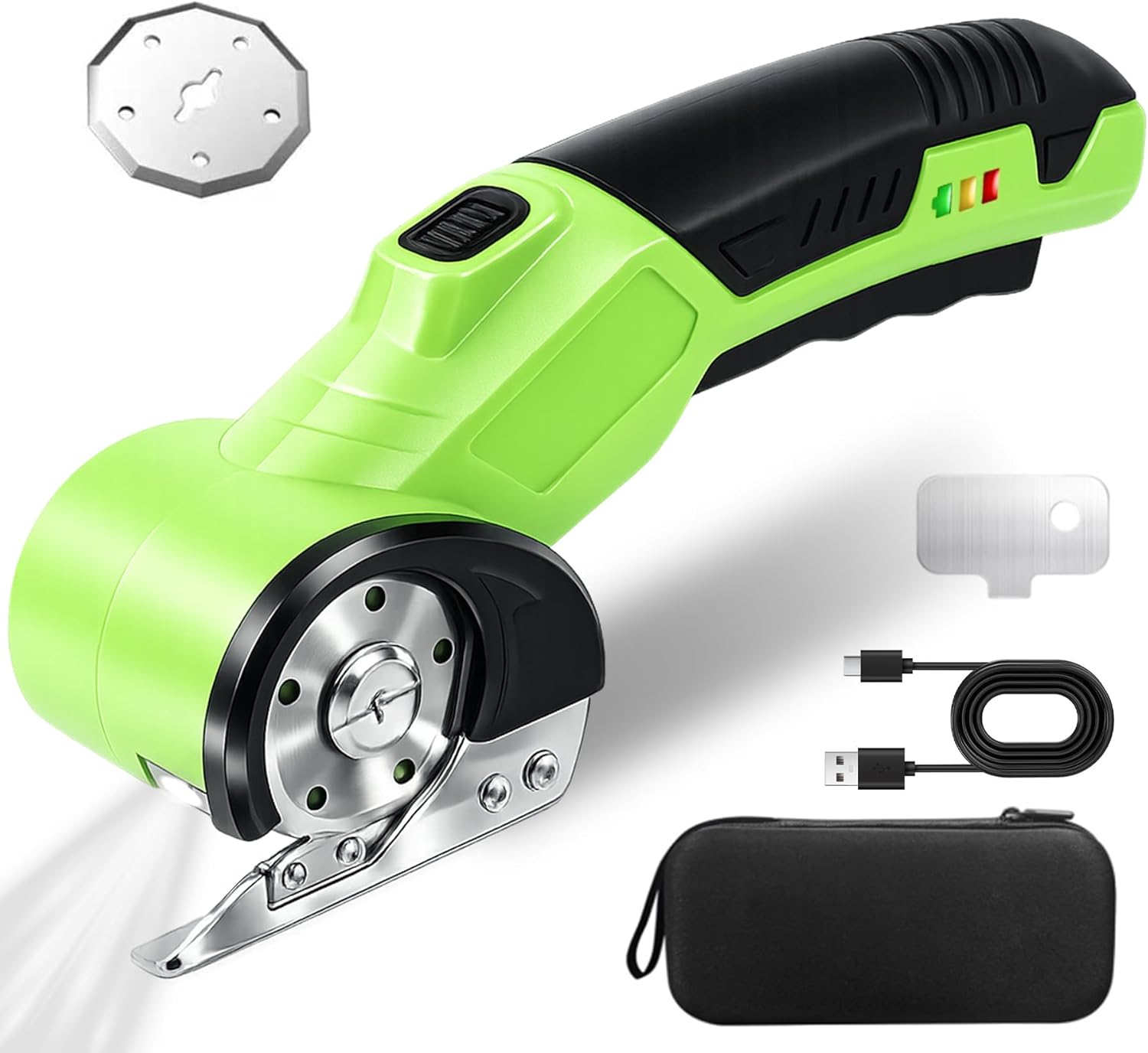 Cordless Electric Scissors, Rechargeable Cardboard Cutter, Powerful 4V Box Cutter with Replacement Blade, Powerful Cutting for Cardboard Box, Plastic, Leather, Fabric, Safety Lock & LED Light