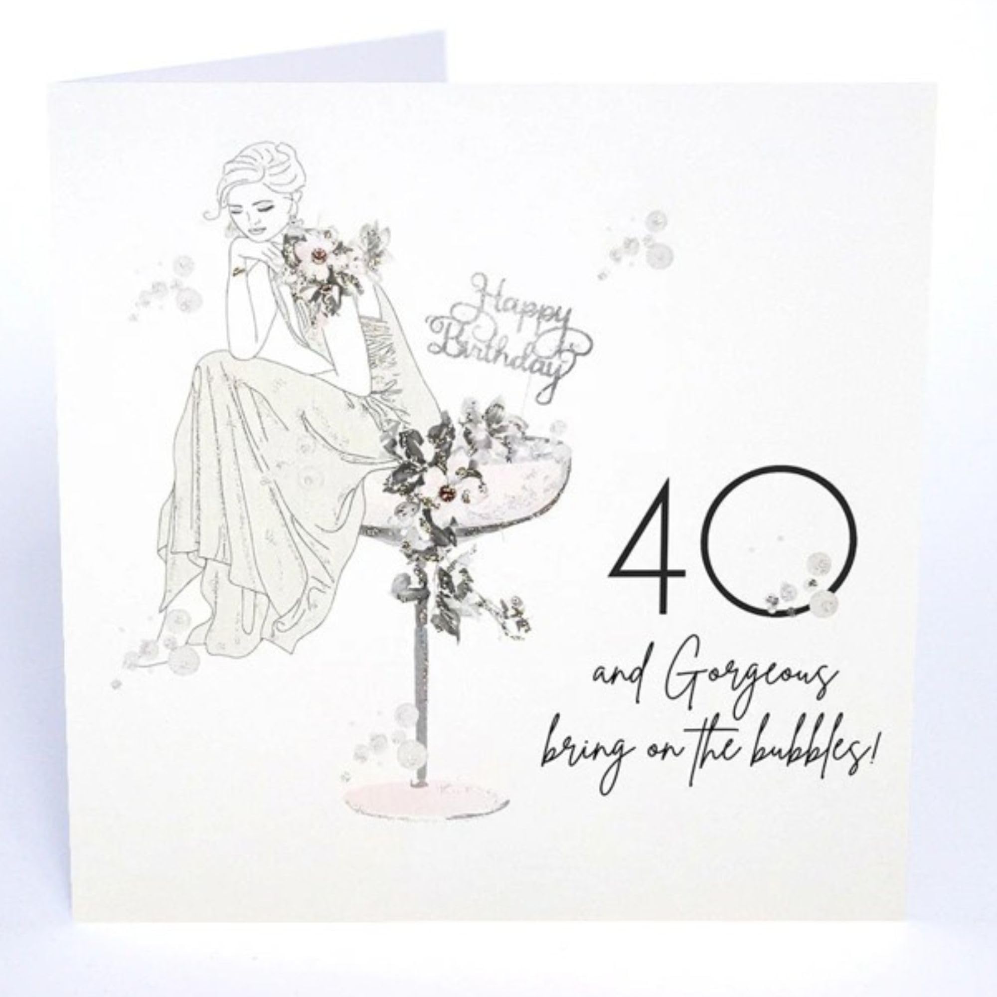 Five Dollar Shake 40th Birthday Card - Luxury Design with Elegant Feminine Illustration and Champagne Glass - Flitter Finish with Handcrafted Embellishments - Happy 40th Birthday Card for Her