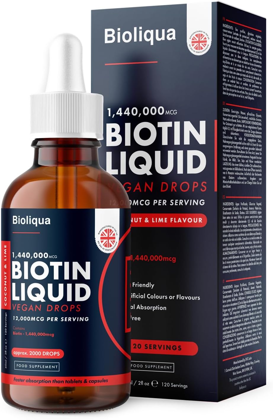Biotin Liquid Drops - Vegan - High Strength 12,000mcg per Serving - Hair Growth Supplement - 4 Month Supply - 120 Servings - 60ml Dropper Bottle - Vitamin B7 - Fast Absorption - Made in UK by Balance