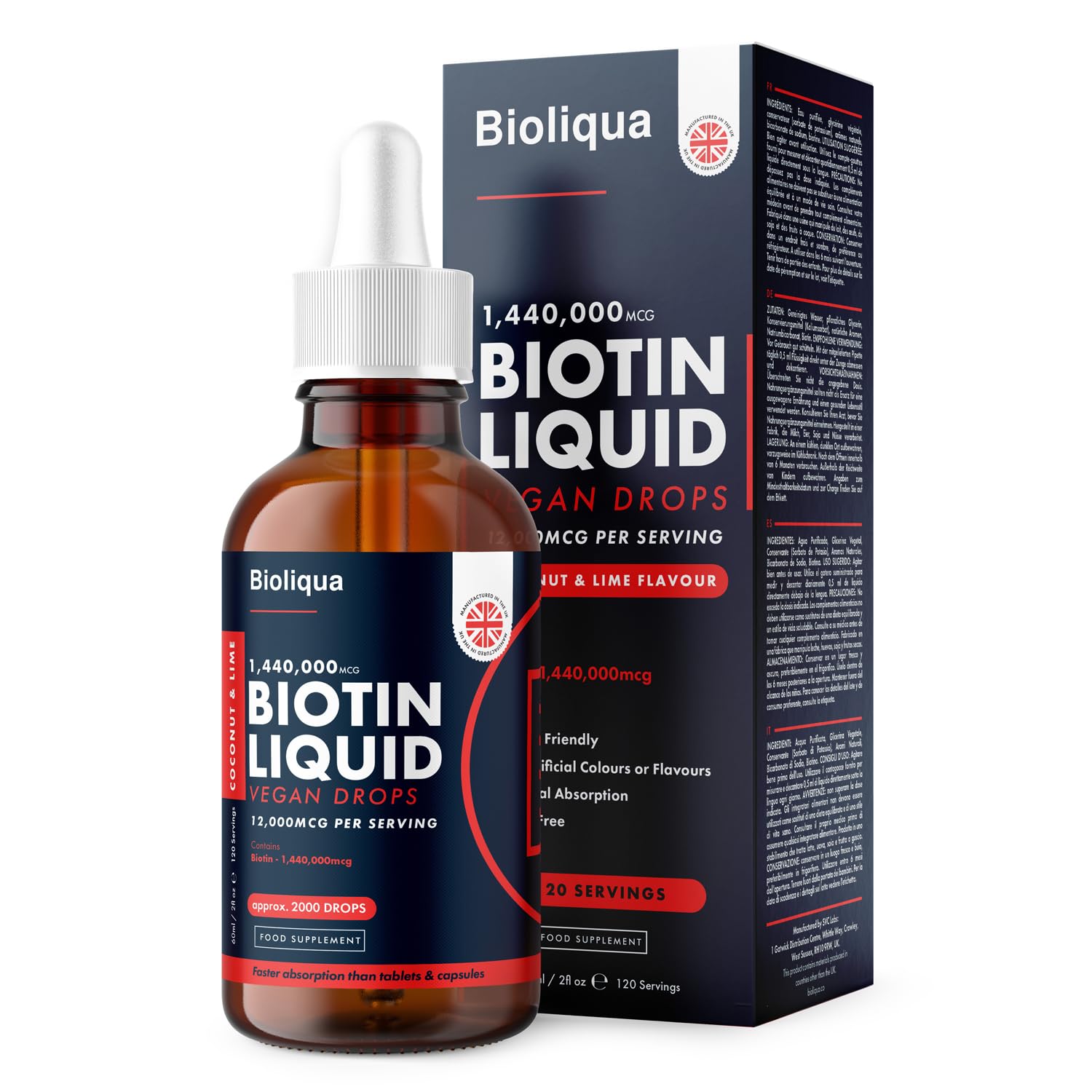 Biotin Liquid Drops - Vegan - High Strength 12,000 mcg Per Serving - Dietary Supplement for Hair Growth - 4 Months Supply - 60ml Dropper Bottle - Vitamin B7 - Made by Balance