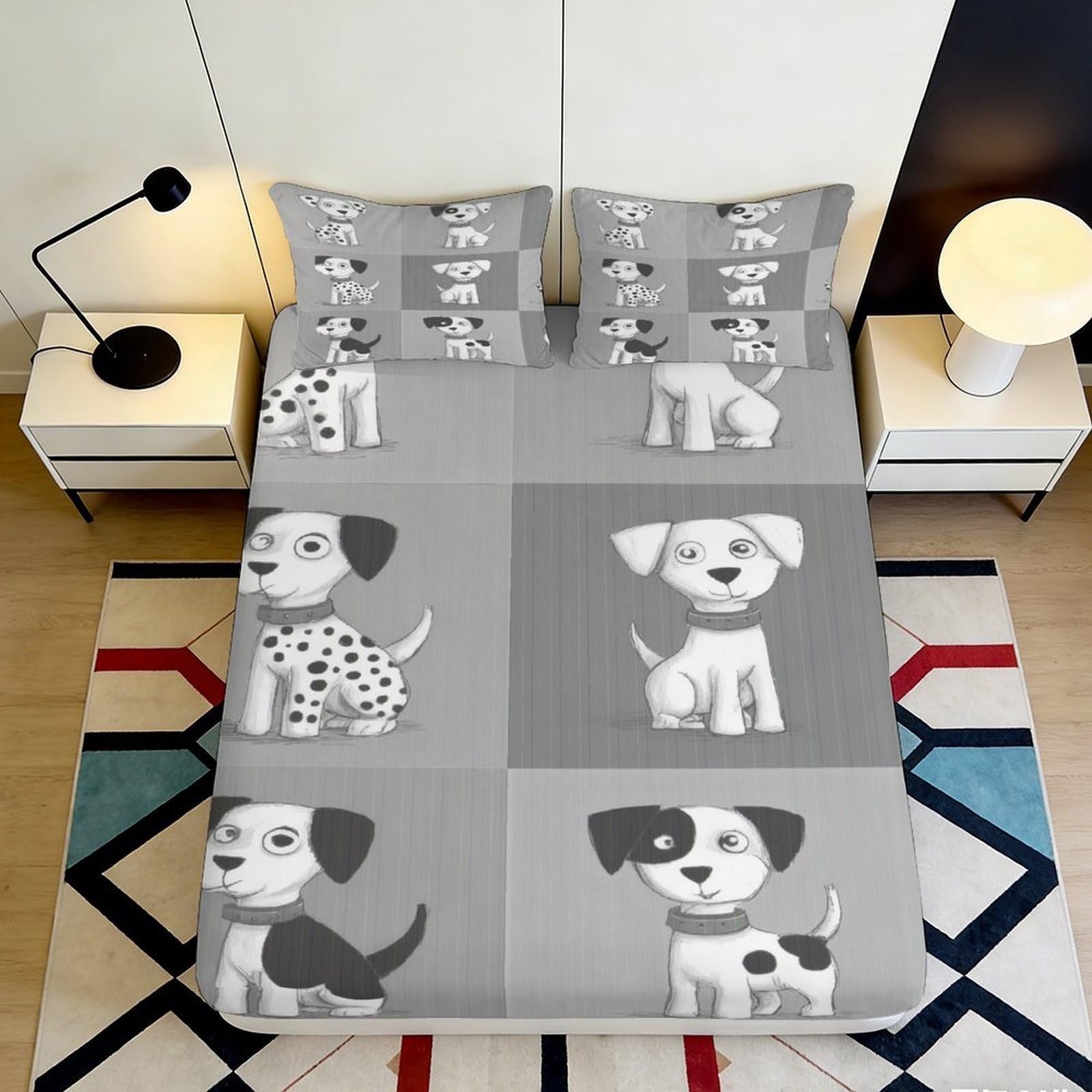 3D Printed Cartoon Dog Pattern Fitted Sheet Microfiber Anti-Slip Grey Puppy Mattress Cover for Bedroom Guest Room Easy Care 200x200x25cm