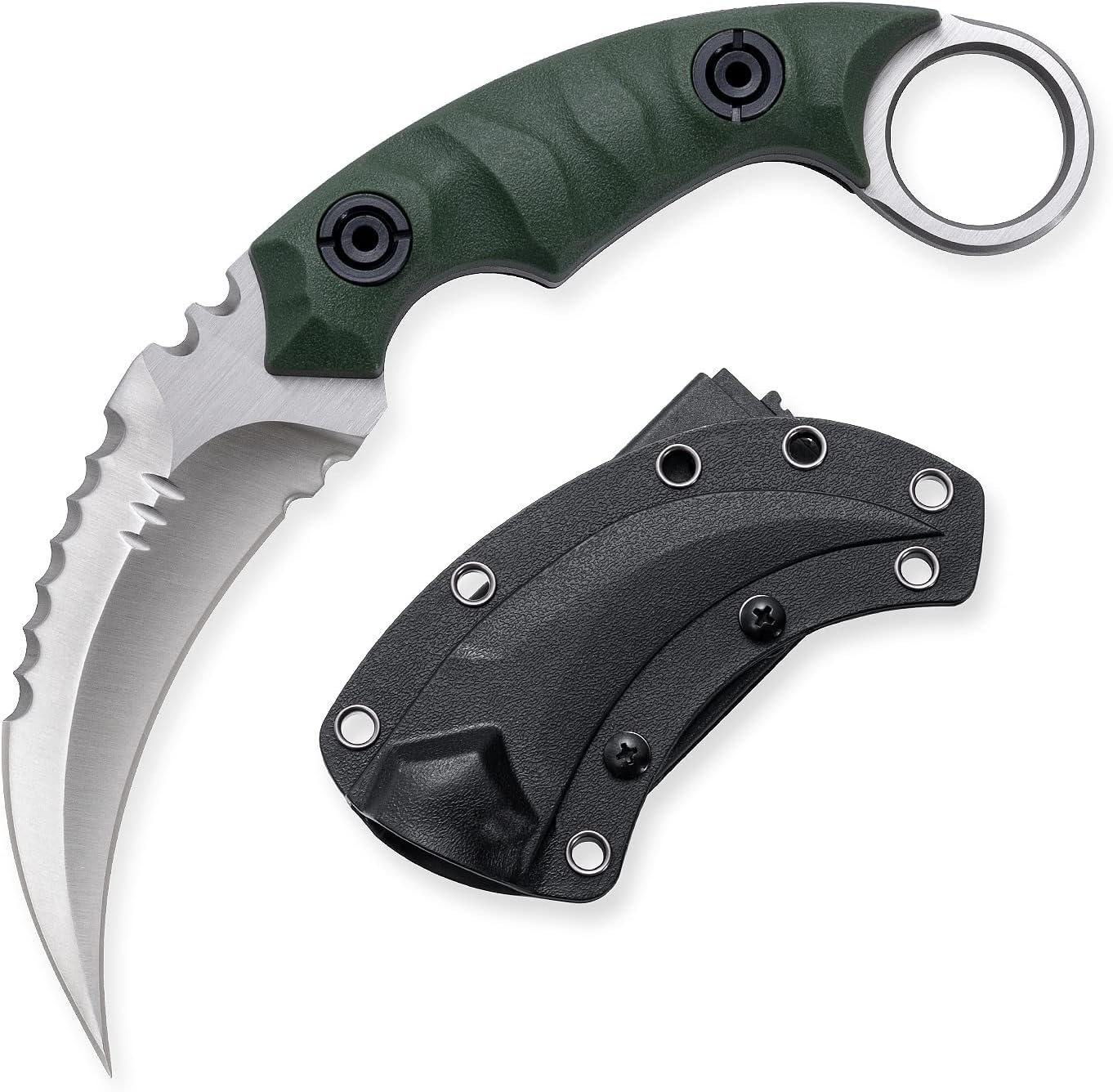 Fixed Blade Knife, D2 Steel Blade, G10 Handle, Tactical EDC, Double Edged, Claw Knife, Utility for Outdoor Survival, Hiking, Camping with Kydex Sheath OK1212 (Green/Silver)