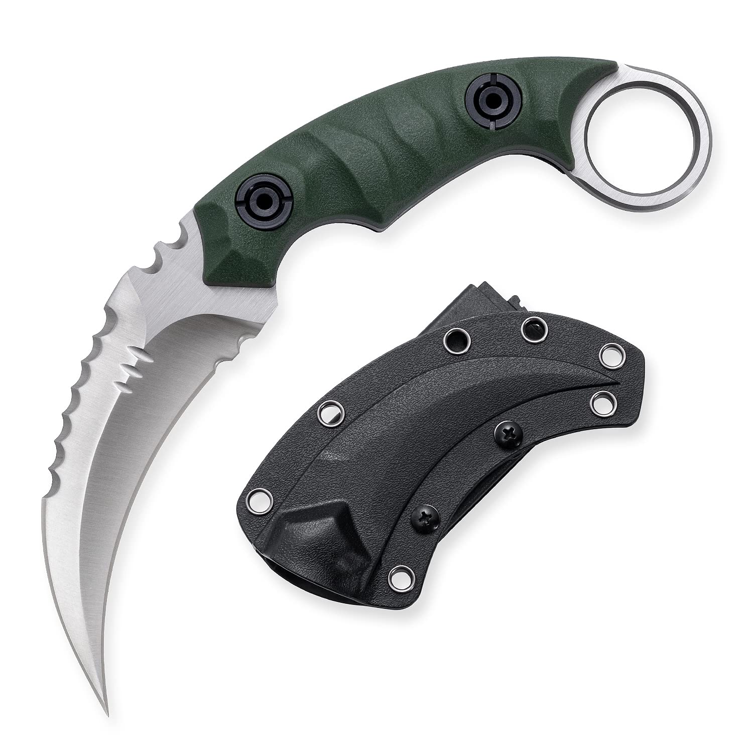 Fixed Blade Knife, D2 Steel Blade, G10 Handle, Tactical EDC, Double Edged, Claw Knife, Utility for Outdoor Survival, Hiking, Camping with Kydex Sheath OK1212 (Green/Silver)