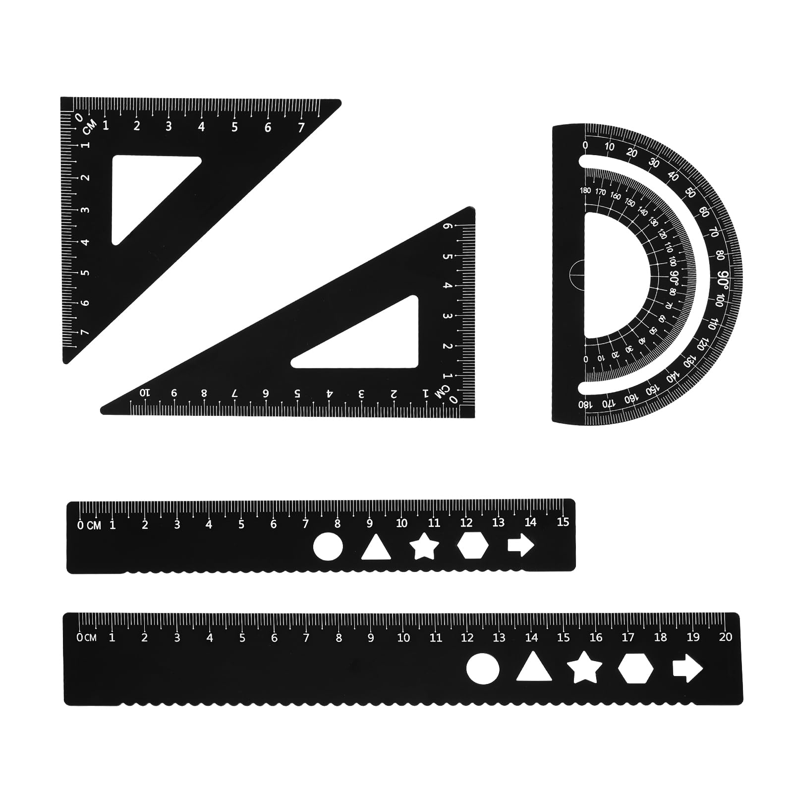 5 PCS Metal Geometry Set with Protractor and Triangle Rulers, 8 & 6 Inch Aluminum Alloy Math Drafting Ruler Straight Measuring Tool for School and Office, Metric and Imperial Black