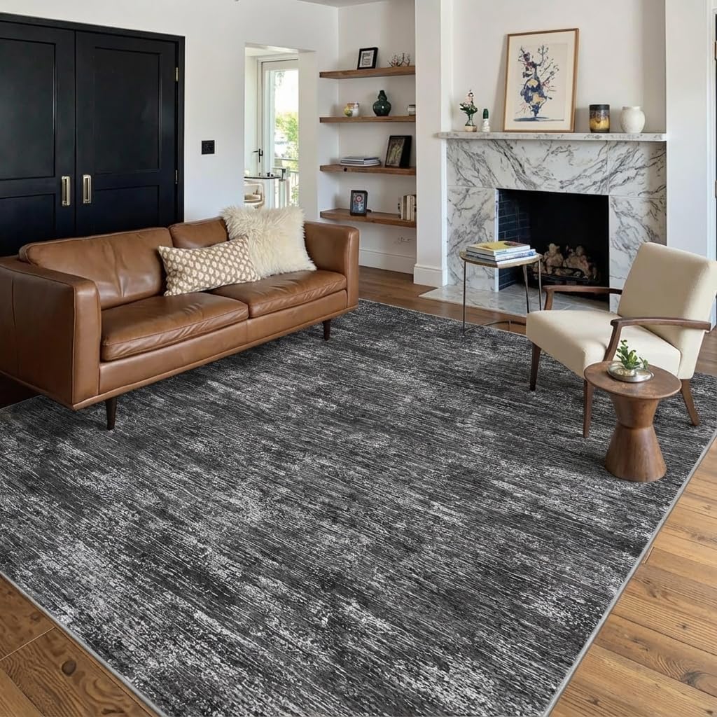 GarveeHome 8x10 Large Living Room Rug Machine Washable Area Rugs for Bedroom, Modern Solid Color Rugs with Rubber Backing, Stain Resistant Low Pile Neutral Mats for Bedroom, Dining Room, Dark Grey