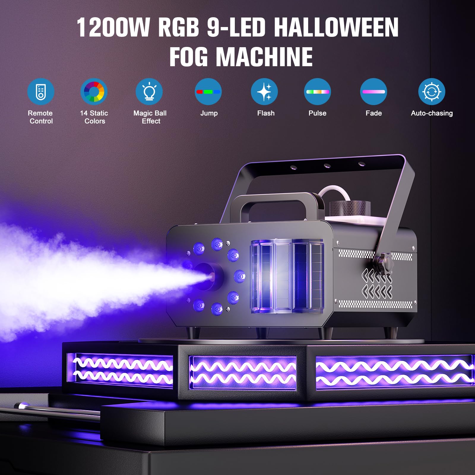 1200W Macchina del Fumo con Telecomando Wireless, Fasci 9 LED RGB Luci da Festa con 14 Colori Statici Capacità di 1L Macchina della Nebbia Stroboscopico per Halloween Matrimoni Natale Palcoscenici