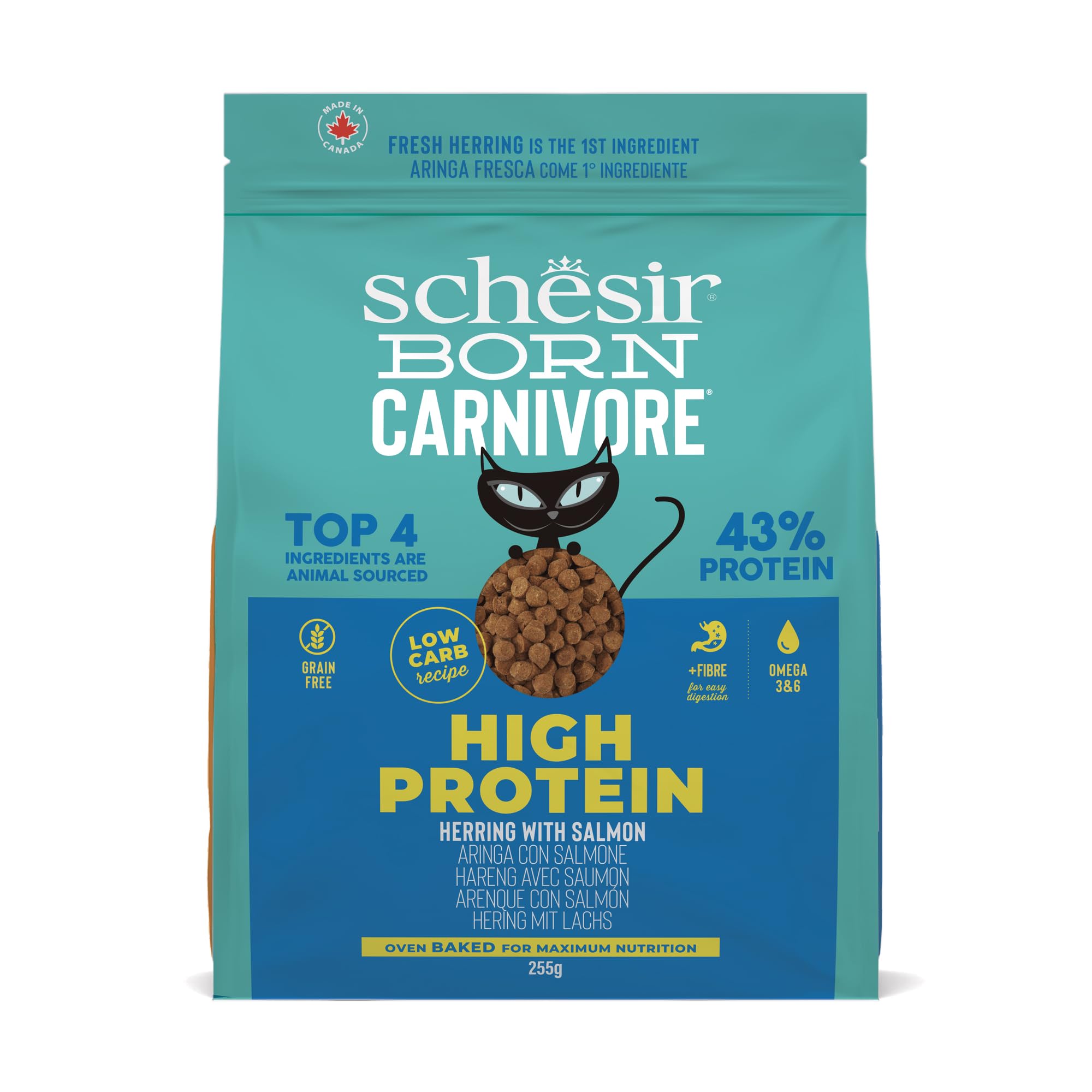 Schesir Born Carnivore, au goût Hareng et Saumon, Croquettes pour Chats Adultes cuites au Four (Sac de 255 g)