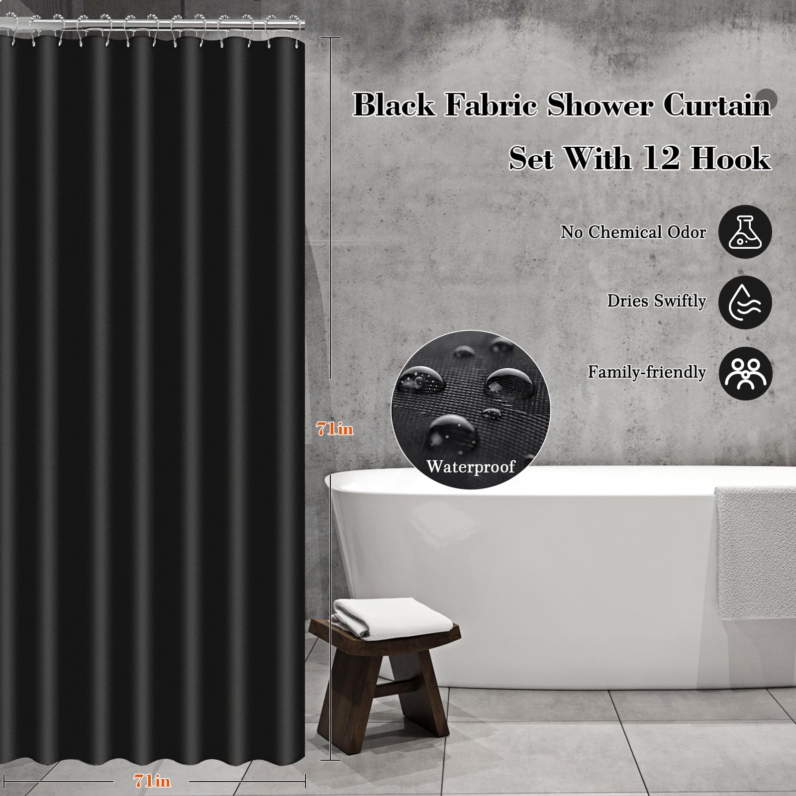 Juego de 20 cortinas de ducha con ganchos, juego de accesorios de baño negros con papelera, juego de accesorios de baño completo con juego de cortina de ducha, juego de accesorios de baño