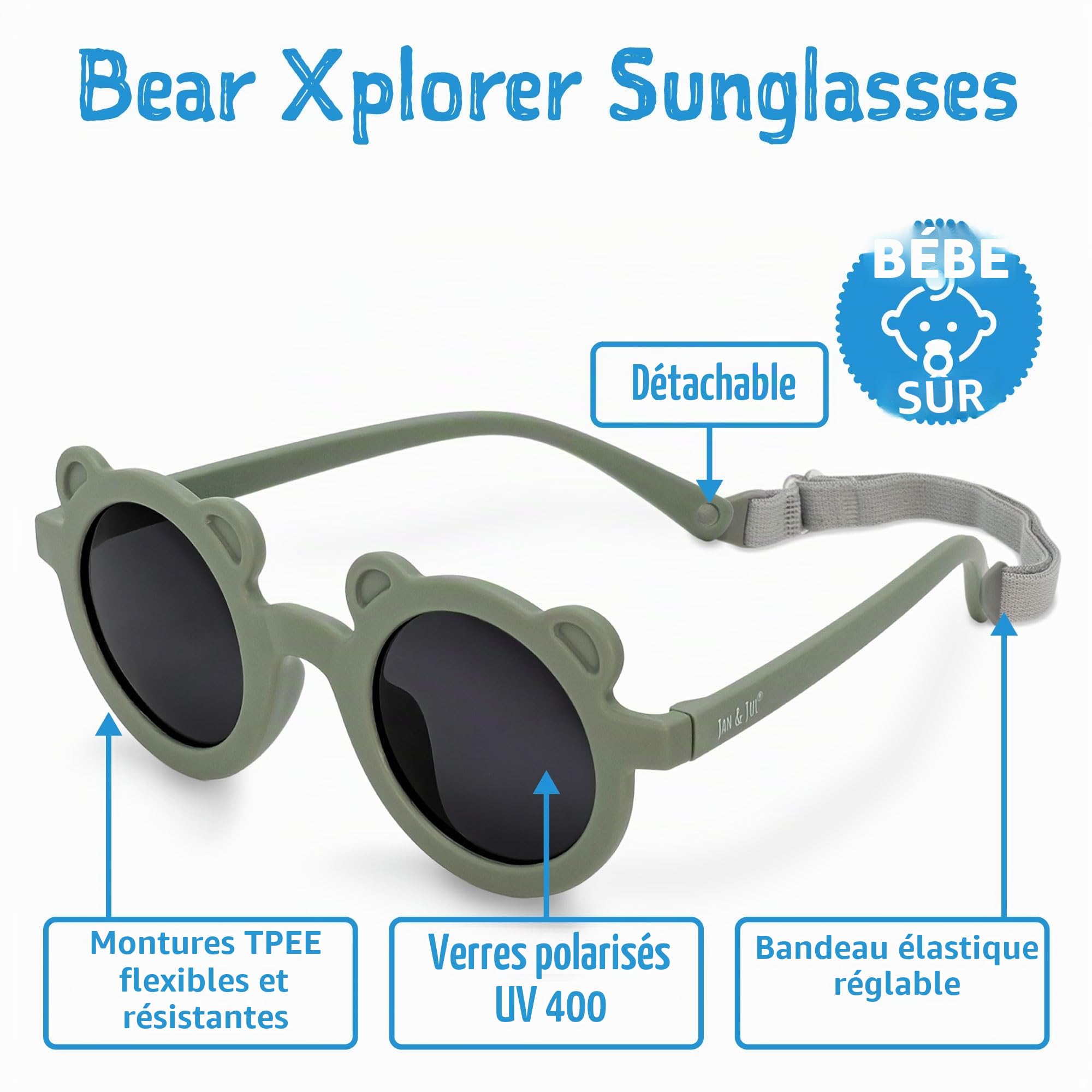 Jan & Jul Lunettes de soleil polarisées UV-400 flexibles pour bébés, tout-petits et enfants avec sangle pour filles et garçons
