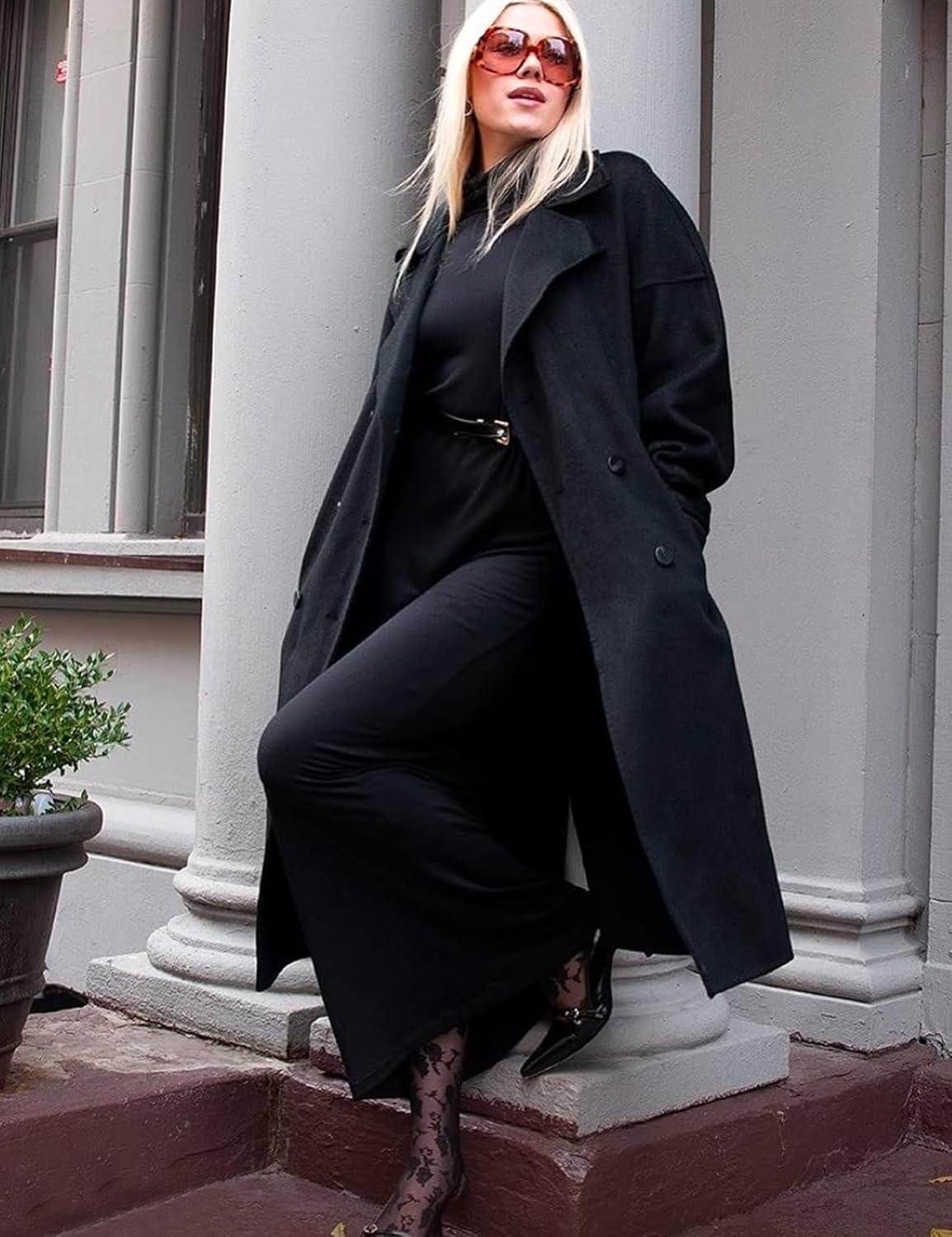 Kissonic Womens Long Pea Coat Winter Double Breasted Oversized Trench Coat Notch Lapel Overcoat Causal Dress Coat - Image 7