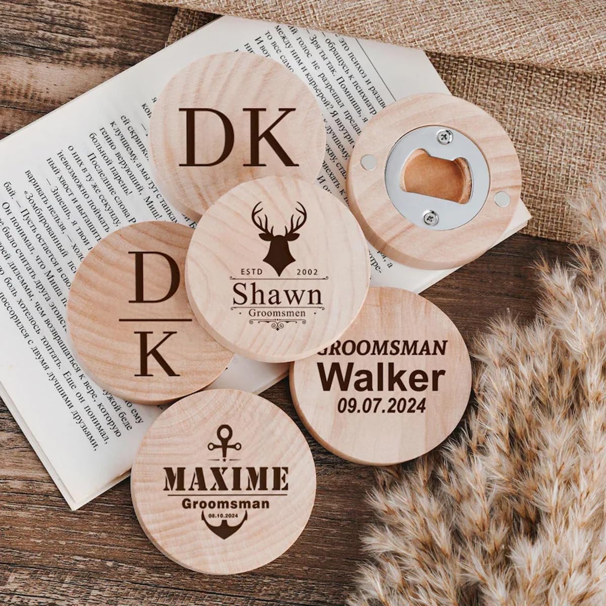 Abridor de botellas de madera grabado con logotipo personalizado, abridor de cerveza de madera maciza personalizado para fiestas, regalo de padrino de boda (60 piezas)