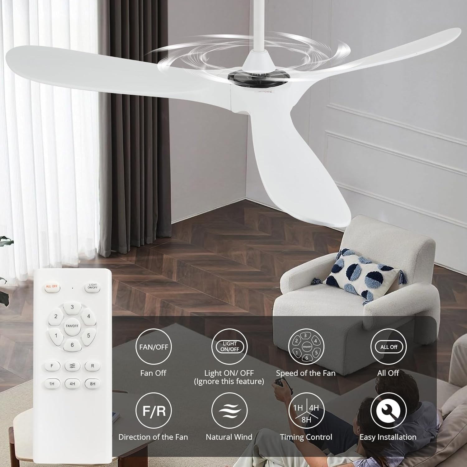 52'' Outdoor Ceiling Fan without Light,3 Solid Wood Damp Rated Ceiling Fan with Large Airflow,White Fan for Living Room,Bedroom,Gazebo,Porch.