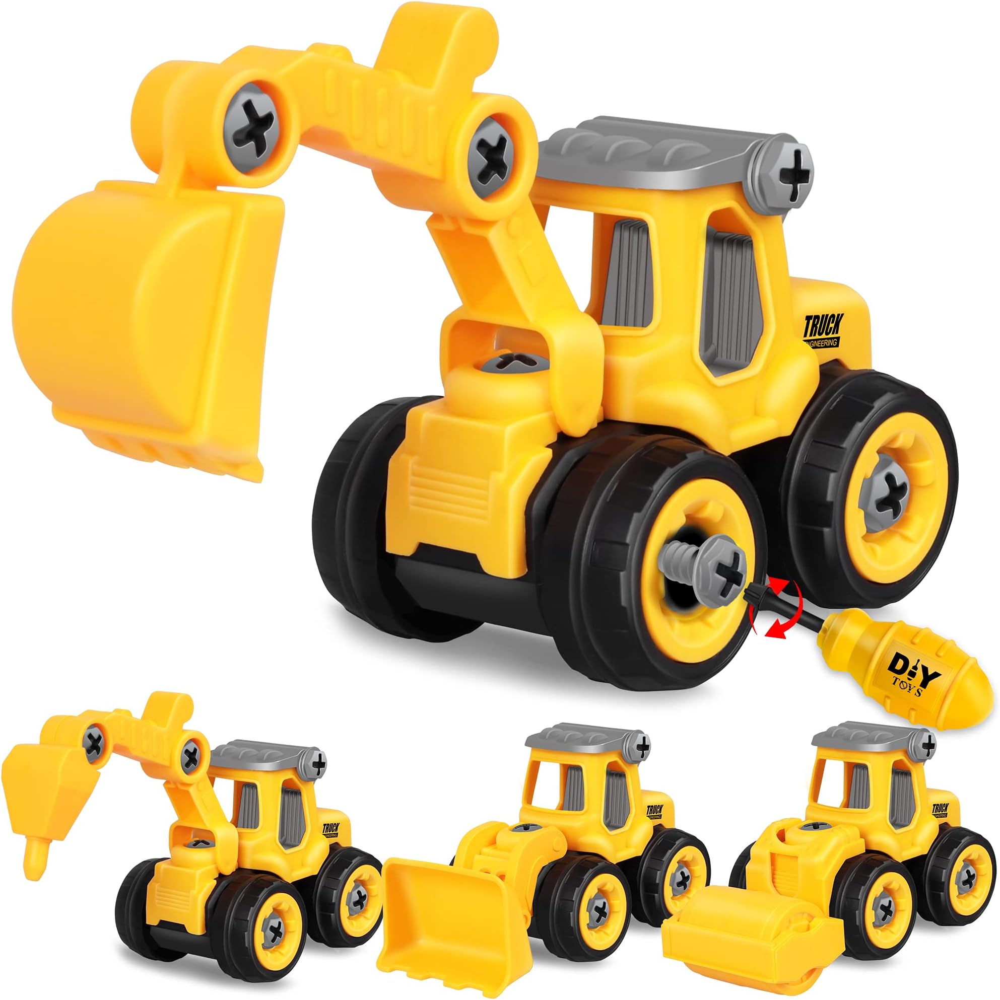 GaHoo Take Apart Toys 4 Pack - DIY Construction Engineering Car Toy, Kids STEM Sand Toys for Toddlers Age 3-5, Building Sandbox Toys Truck, Birthday Gifts for Boys 2 3 4 5 6 Year Old