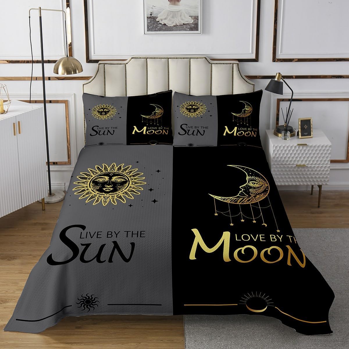 Starry Galaxy Exotic Hand Print Bedspread King,White and Black Quilted Coverlet 3pcs for Adults Teens Room Decor,Bohemian Sun and Moon Soft Breathable Bedding Quilt